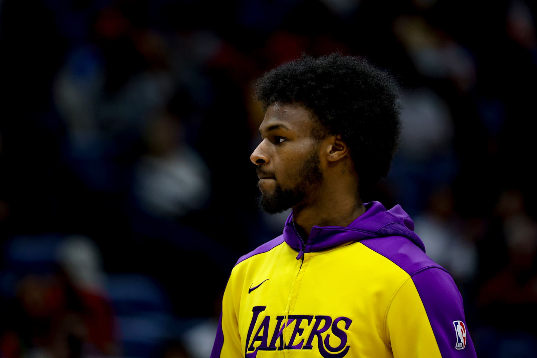 NEW ORLEANS, LOUISIANA - NOVEMBER 16:  Bronny James #9 of the Los Angeles Lakers warms up before the second half of a game against the New Orleans Pelicans at the Smoothie King Center on November 16, 2024 in New Orleans, Louisiana. NOTE TO USER: User expressly acknowledges and agrees that, by downloading and or using this photograph, User is consenting to the terms and conditions of the Getty Images License Agreement. (Photo by Derick E. Hingle/Getty Images)