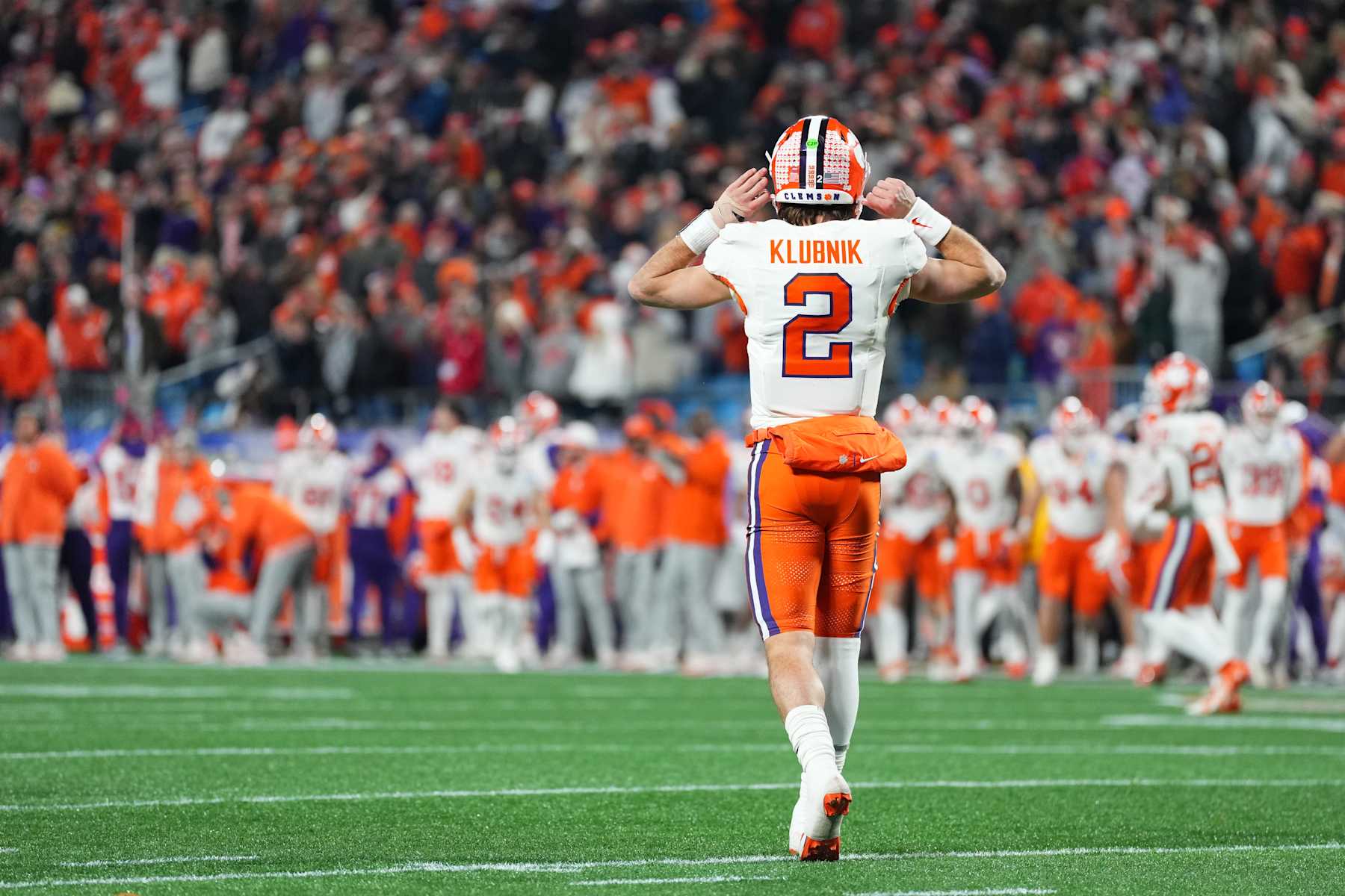 CHARLOTTE, NORTH CAROLINA - DECEMBER 07: Cade Klubnik #2 of the Clemson Tigers reacts during the second quarter of the 2024 ACC Football Championship at Bank of America Stadium on December 07, 2024 in Charlotte, North Carolina. (Photo by Grant Halverson/Getty Images)