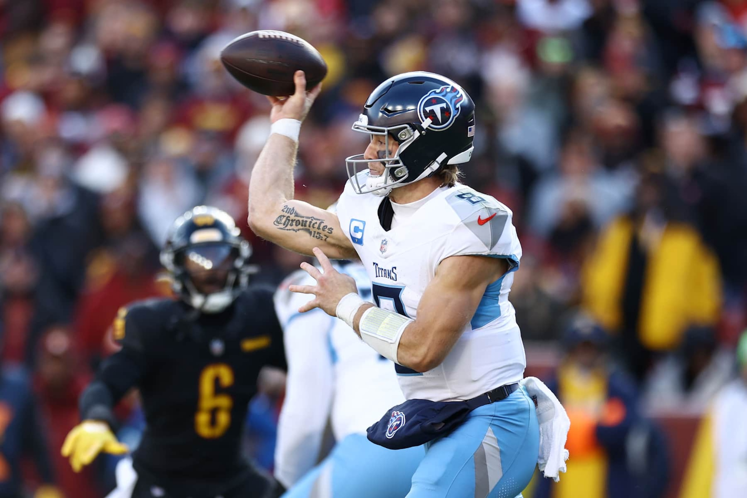 LANDOVER, MARYLAND - DECEMBER 01: Will Levis #8 of the Tennessee Titans throws a pass in the second quarter of a game against the Washington Commanders at Northwest Stadium on December 01, 2024 in Landover, Maryland. (Photo by Tim Nwachukwu/Getty Images)