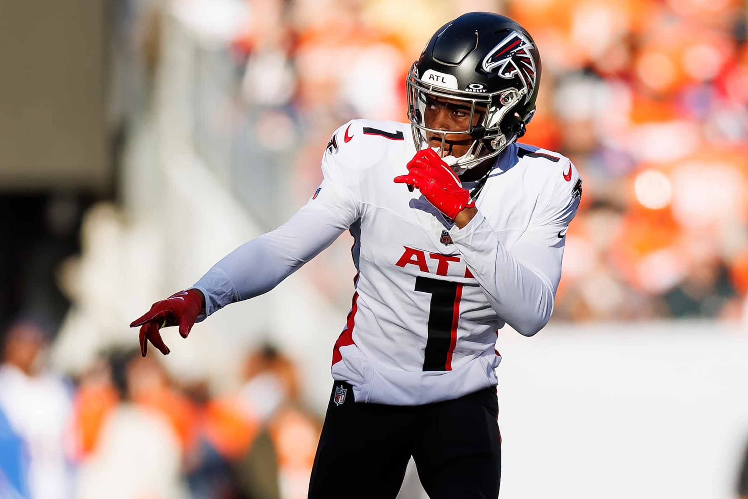 DENVER, COLORADO - NOVEMBER 17: Wide receiver Darnell Mooney #1 of the Atlanta Falcons gets set during the first half of an NFL football game against the Denver Broncos at Empower Field at Mile High on November 17, 2024 in Denver, Colorado. (Photo by Brooke Sutton/Getty Images)