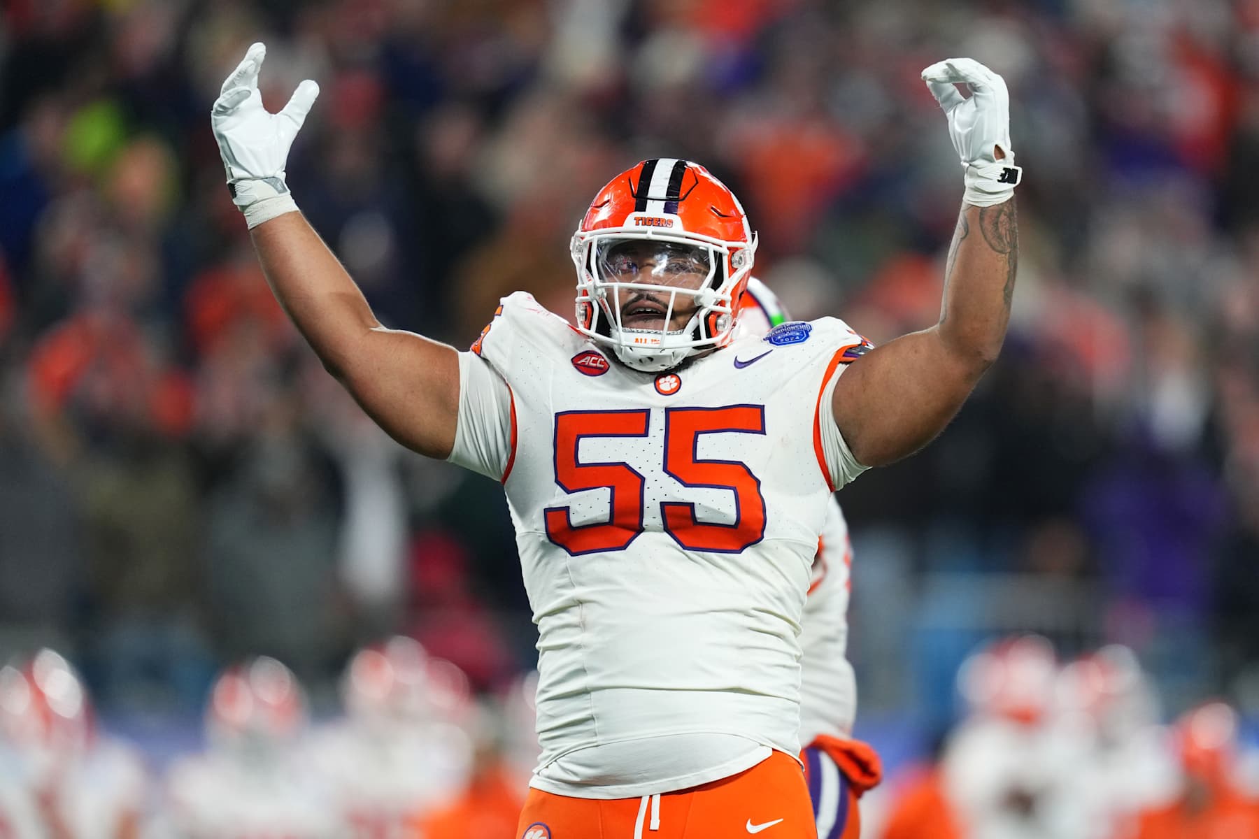 CHARLOTTE, NORTH CAROLINA - DECEMBER 07: Payton Page #55 of the Clemson Tigers reacts during the third quarter of the 2024 ACC Football Championship at Bank of America Stadium on December 07, 2024 in Charlotte, North Carolina. (Photo by Grant Halverson/Getty Images)