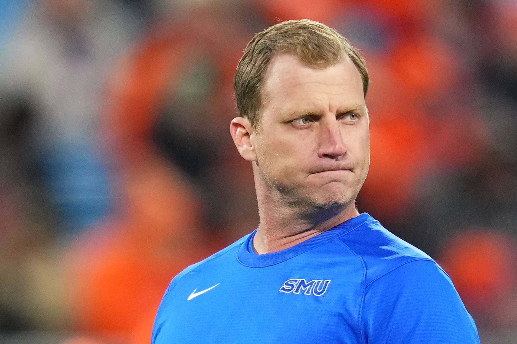 CHARLOTTE, NORTH CAROLINA - DECEMBER 07: Head coach Rhett Lashlee of the SMU Mustangs looks on before the 2024 ACC Football Championship at Bank of America Stadium on December 07, 2024 in Charlotte, North Carolina. (Photo by Grant Halverson/Getty Images)