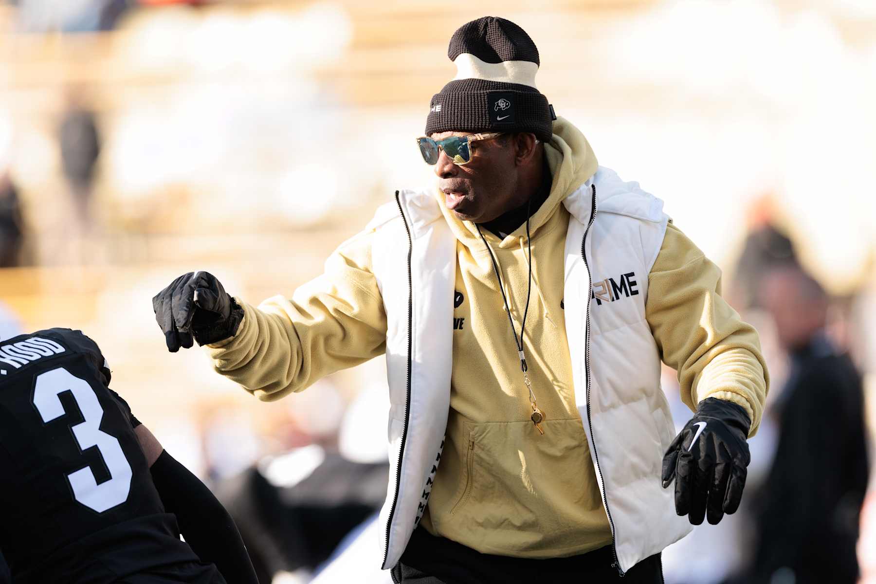 BOULDER, COLORADO - NOVEMBER 29: Head coach Deion Sanders of the Colorado Buffaloes walks the field prior to the game against the Oklahoma State Cowboys at Folsom Field on November 29, 2024 in Boulder, Colorado. (Photo by Andrew Wevers/Getty Images)