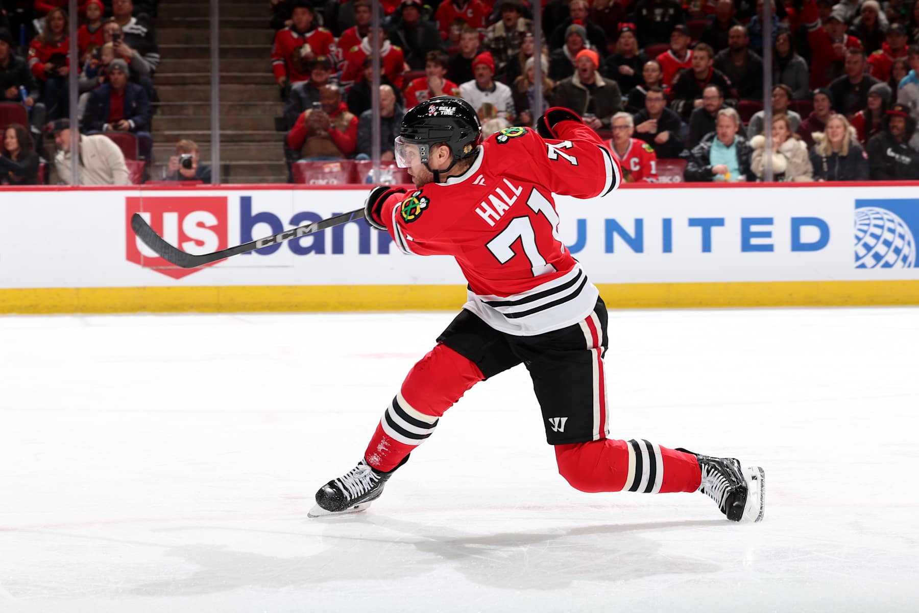 CHICAGO, ILLINOIS - NOVEMBER 27: Taylor Hall #71 of the Chicago Blackhawks shoots the puck in the second period against the Dallas Stars at the United Center on November 27, 2024 in Chicago, Illinois. (Photo by Chase Agnello-Dean/NHLI via Getty Images)