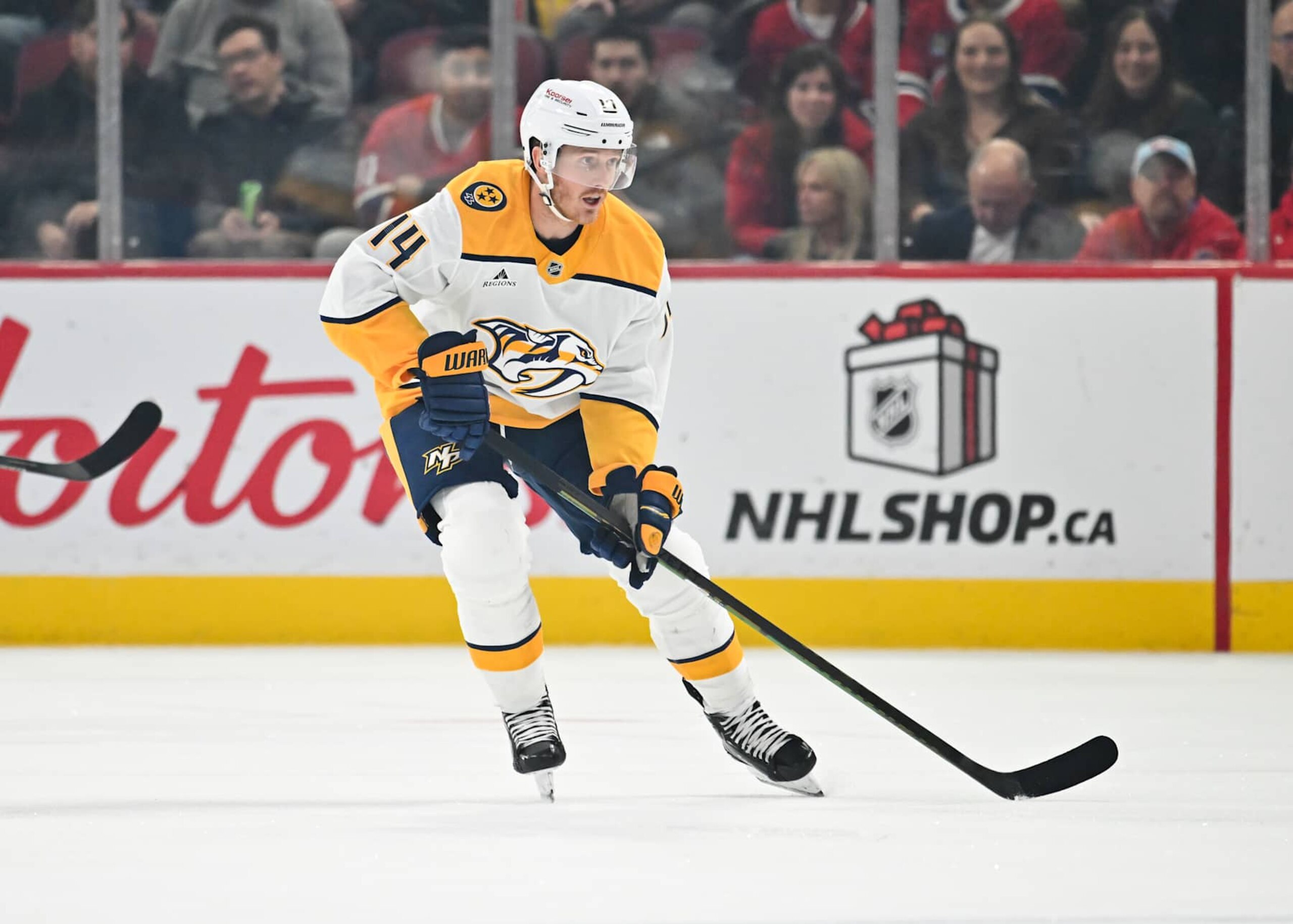 MONTREAL, CANADA - DECEMBER 05:  Gustav Nyquist #14 of the Nashville Predators skates during the first period against the Montreal Canadiens at the Bell Centre on December 5, 2024 in Montreal, Quebec, Canada.  The Montreal Canadiens defeated the Nashville Predators 3-0.  (Photo by Minas Panagiotakis/Getty Images)
