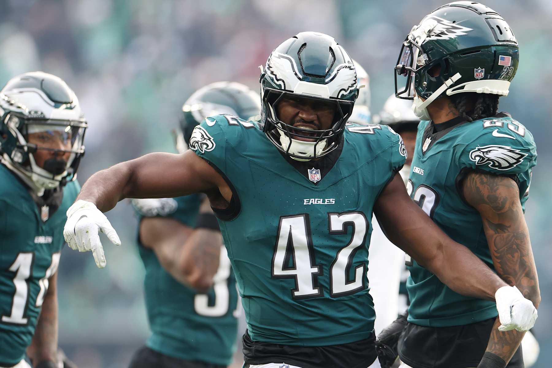 PHILADELPHIA, PENNSYLVANIA - DECEMBER 08: Oren Burks #42 of the Philadelphia Eagles celebrates after a play in the second quarter of a game against the Carolina Panthers at Lincoln Financial Field on December 08, 2024 in Philadelphia, Pennsylvania. (Photo by Emilee Chinn/Getty Images)