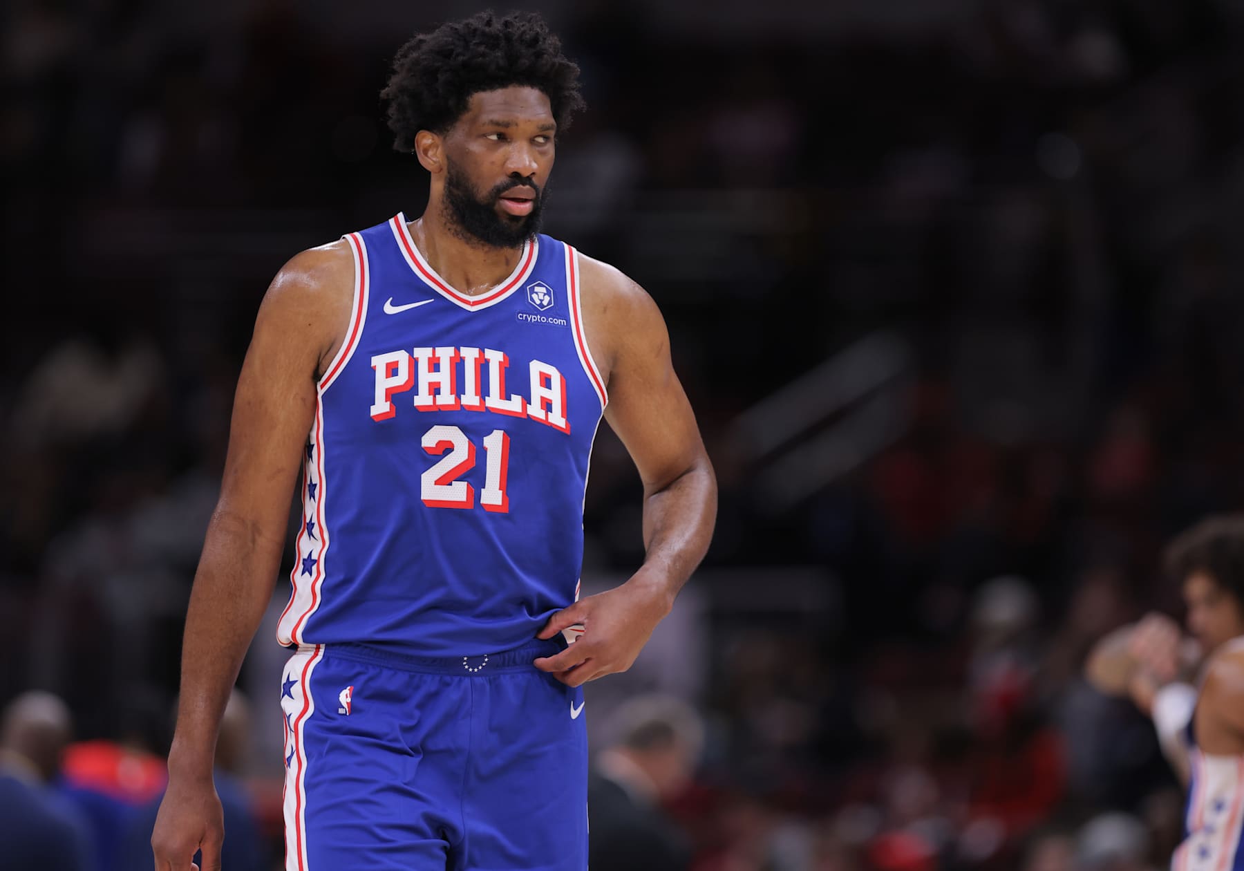 CHICAGO, IL - DECEMBER 08:Joel Embiid #21 of the Philadelphia 76ers looks on during the first half against the Chicago Bulls on December 8, 2024 at the United Center in Chicago, Illinois. (Photo by Melissa Tamez/Icon Sportswire via Getty Images)