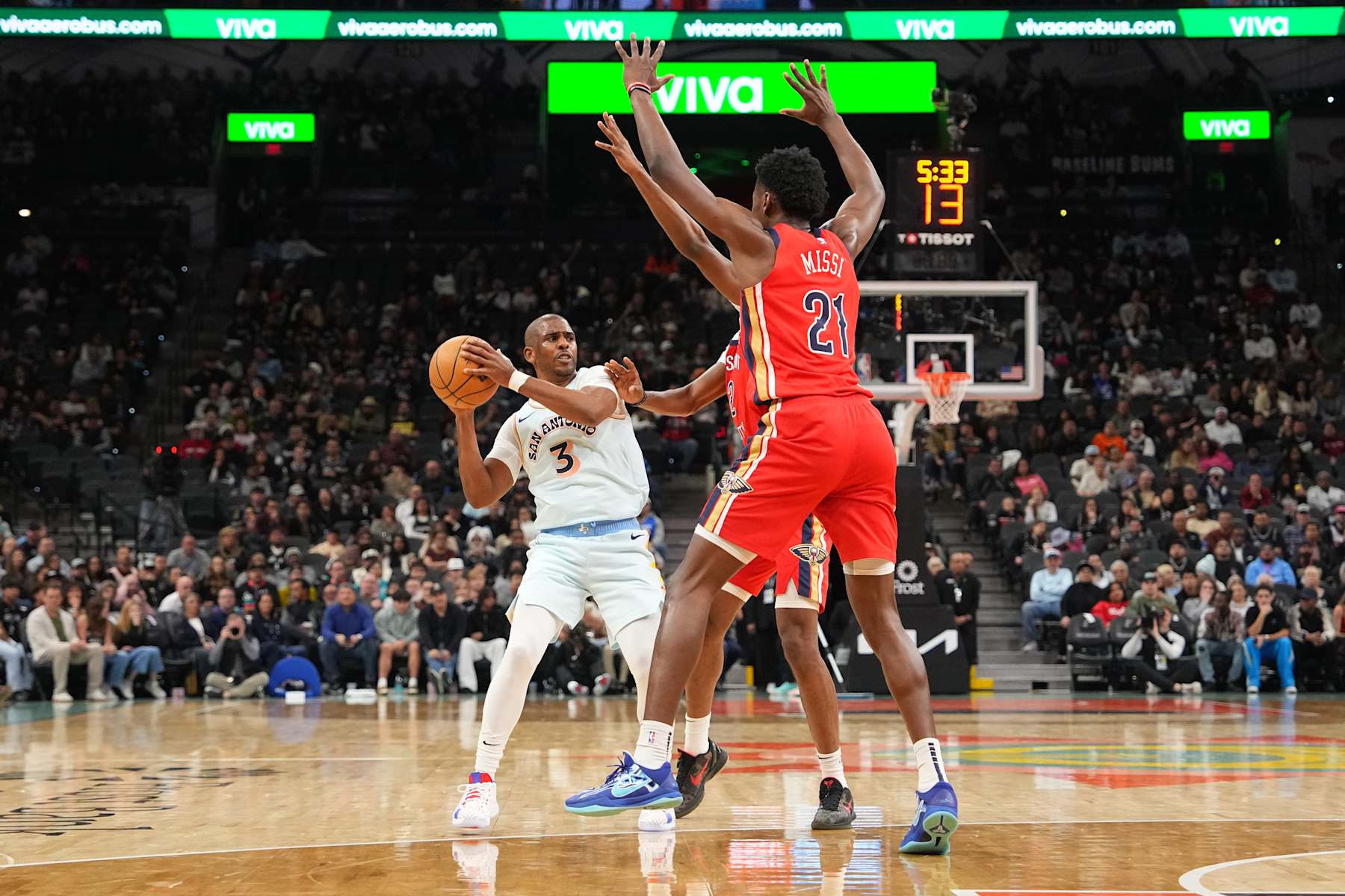 SAN ANTONIO, TX - DECEMBER 8: Chris Paul #3 of the San Antonio Spurs looks to pass the ball during the game against the New Orleans Pelicans on December 8, 2024 at the Frost Bank Center in San Antonio, Texas. NOTE TO USER: User expressly acknowledges and agrees that, by downloading and or using this photograph, user is consenting to the terms and conditions of the Getty Images License Agreement. Mandatory Copyright Notice: Copyright 2024 NBAE (Photos by Jesse D. Garrabrant/NBAE via Getty Images)