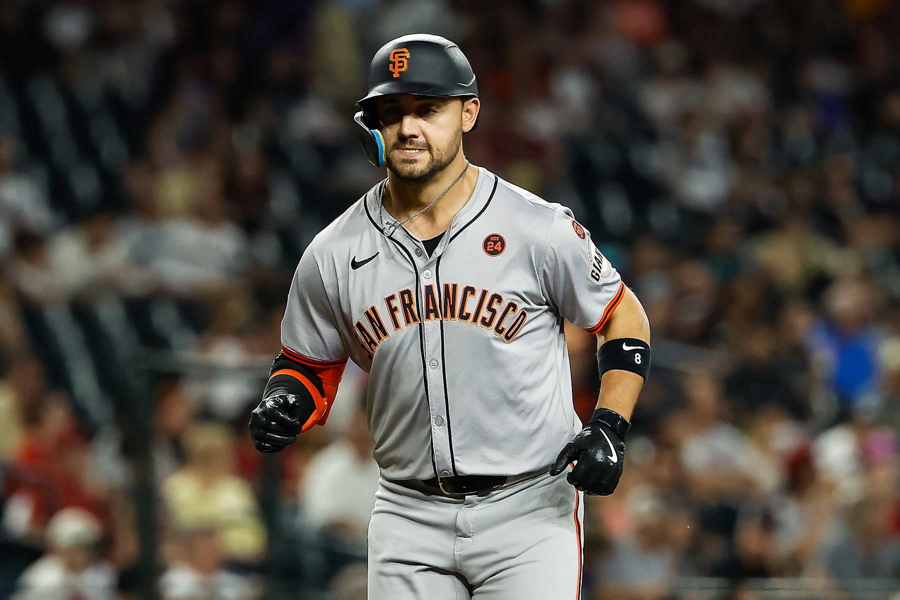 PHOENIX, AZ - SEPTEMBER 24:  San Francisco Giants outfielder Michael Conforto (8) runs home after hitting a home run during the MLB baseball game between the San Francisco Giants and the Arizona Diamondbacks on September 24, 2024 at Chase Field in Phoenix, Arizona. (Photo by Kevin Abele/Icon Sportswire via Getty Images)