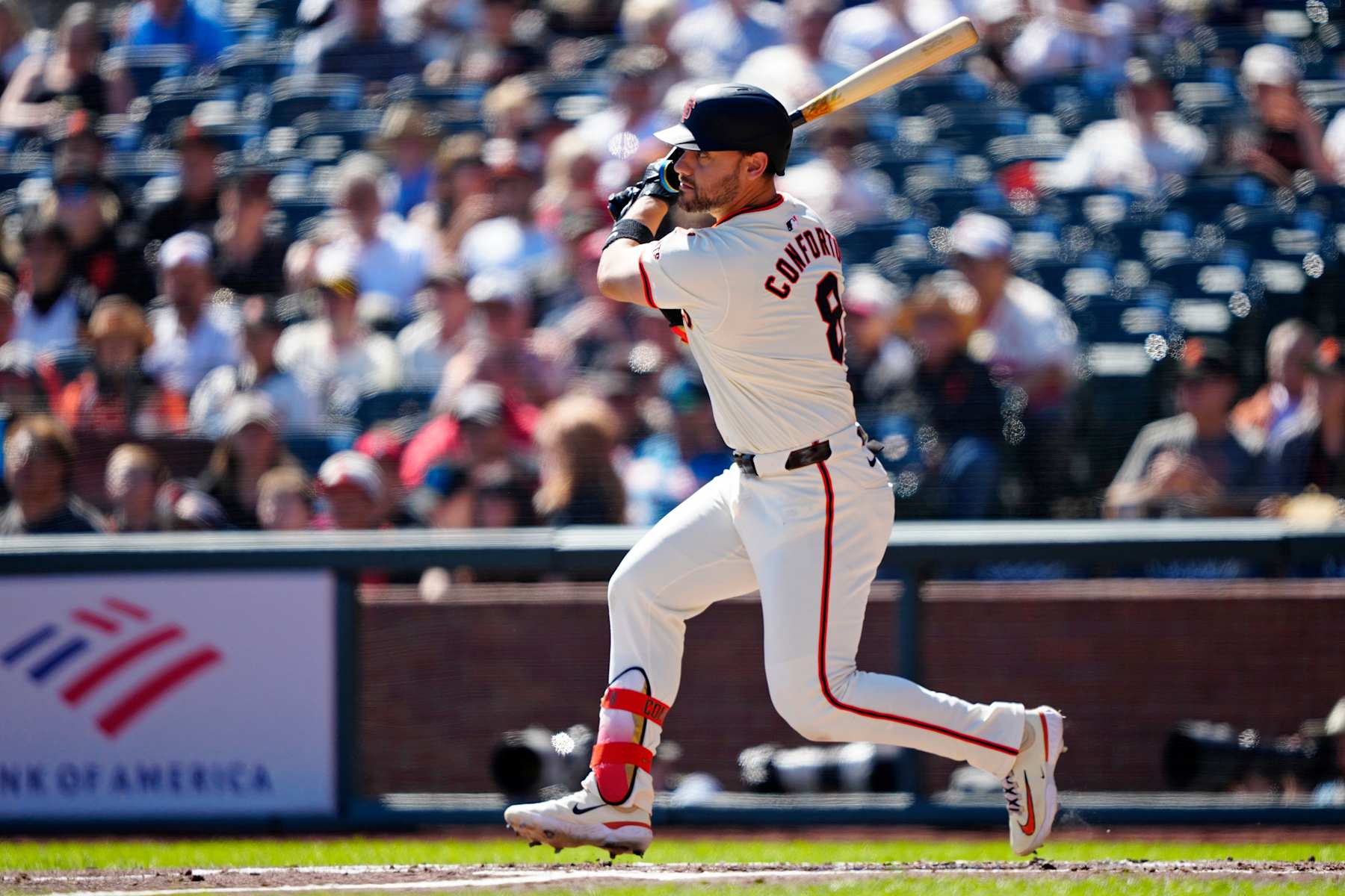 SAN FRANCISCO, CALIFORNIA - SEPTEMBER 29: Michael Conforto #8 of the San Francisco Giants hits a single at Oracle Park on September 29, 2024 in San Francisco, California. (Photo by Suzanna Mitchell/San Francisco Giants/Getty Images)