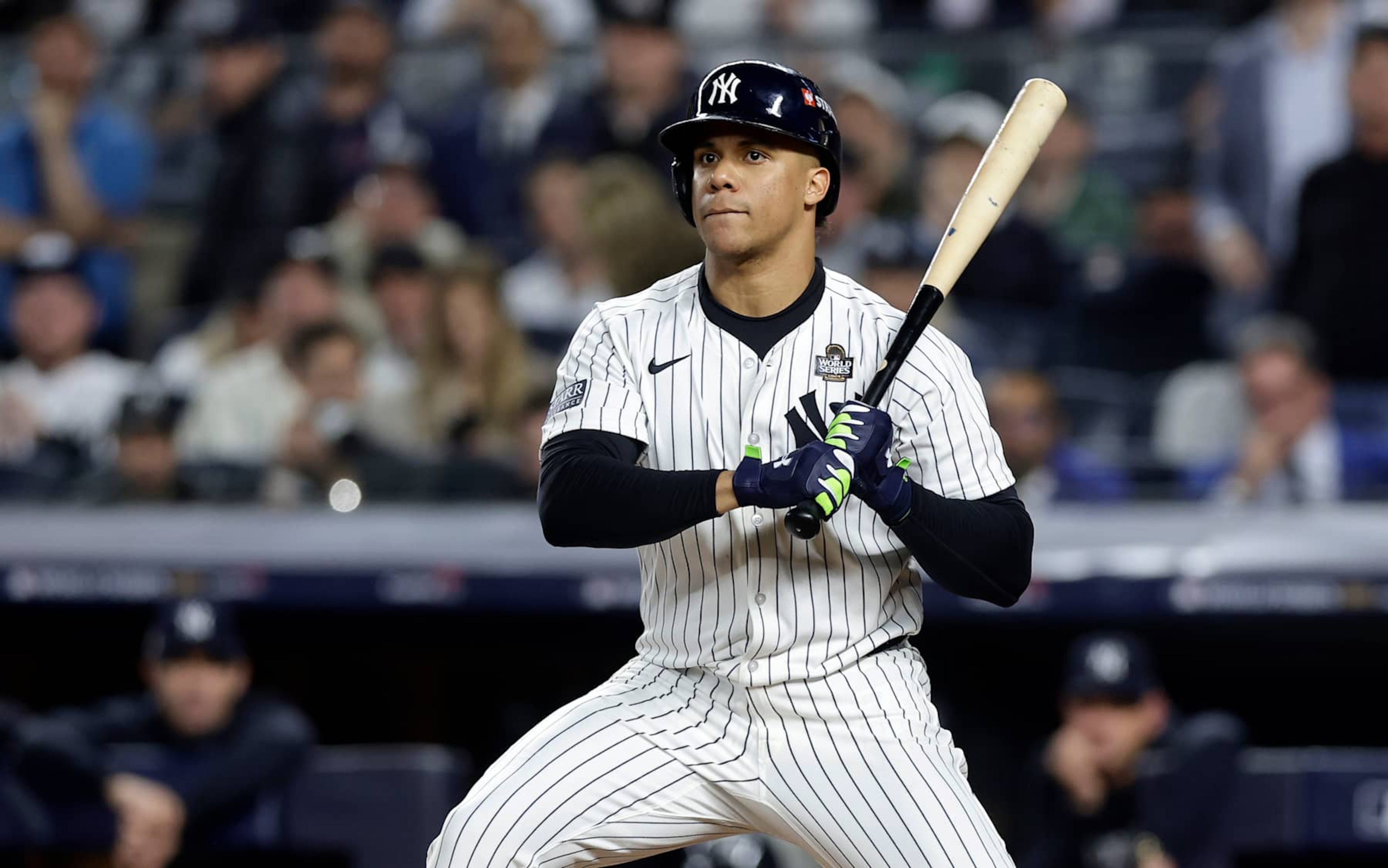 NEW YORK, NEW YORK - OCTOBER 30: (NEW YORK DAILIES OUT) Juan Soto #22 of the New York Yankees in action against the Los Angeles Dodgers during Game Five of the 2024 World Series at Yankee Stadium on October 30, 2024 in New York City. The Dodgers defeated the Yankees 7-6. (Photo by Jim McIsaac/Getty Images) NEW YORK, NEW YORK - OCTOBER 30: (NEW YORK DAILIES OUT) Juan Soto #22 of the New York Yankees in action against the Los Angeles Dodgers during Game Five of the 2024 World Series at Yankee Stadium on October 30, 2024 in New York City. The Dodgers defeated the Yankees 7-6. (Photo by Jim McIsaac/Getty Images)