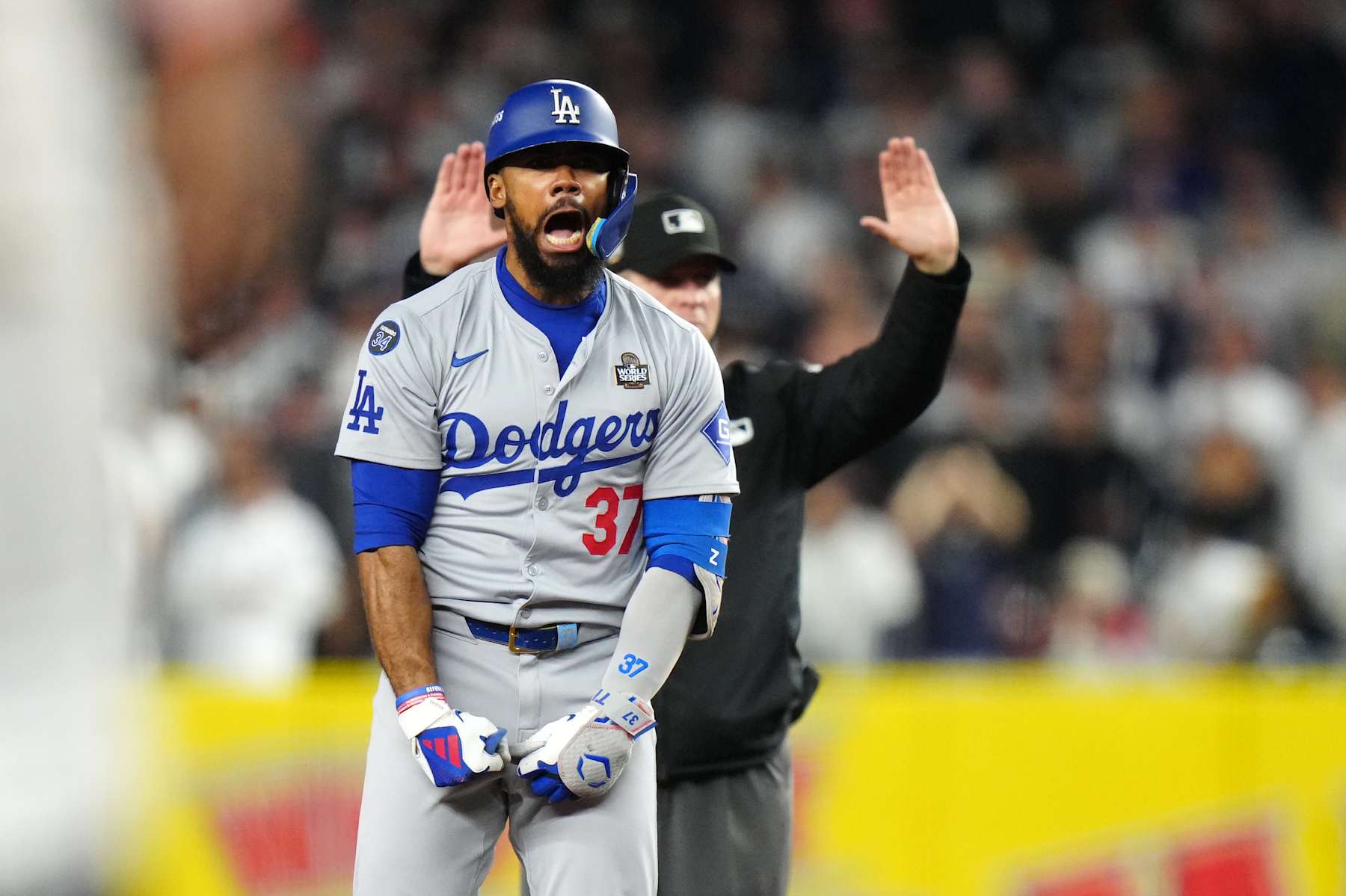 NEW YORK, NY - OCTOBER 30: Teoscar Hernandez #37 of the Los Angeles Dodgers reacts after an RBI double during Game 5 of the 2024 World Series presented by Capital One between the Los Angeles Dodgers and the New York Yankees at Yankee Stadium on Wednesday, October 30, 2024 in New York, New York. (Photo by Daniel Shirey/MLB Photos via Getty Images)