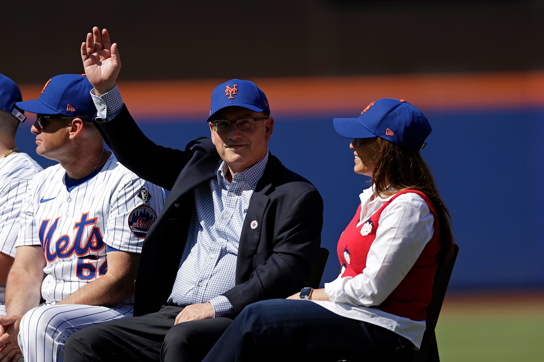 NEW YORK, NY - JUNE 1: Steve Cohen waves sitting next to his wife Alexandra before Darryl Strawberry's jersey retirement ceremony prior to a game against the Arizona Diamondbacks at Citi Field on June 1, 2024 in New York City. (Photo by Adam Hunger/Getty Images)