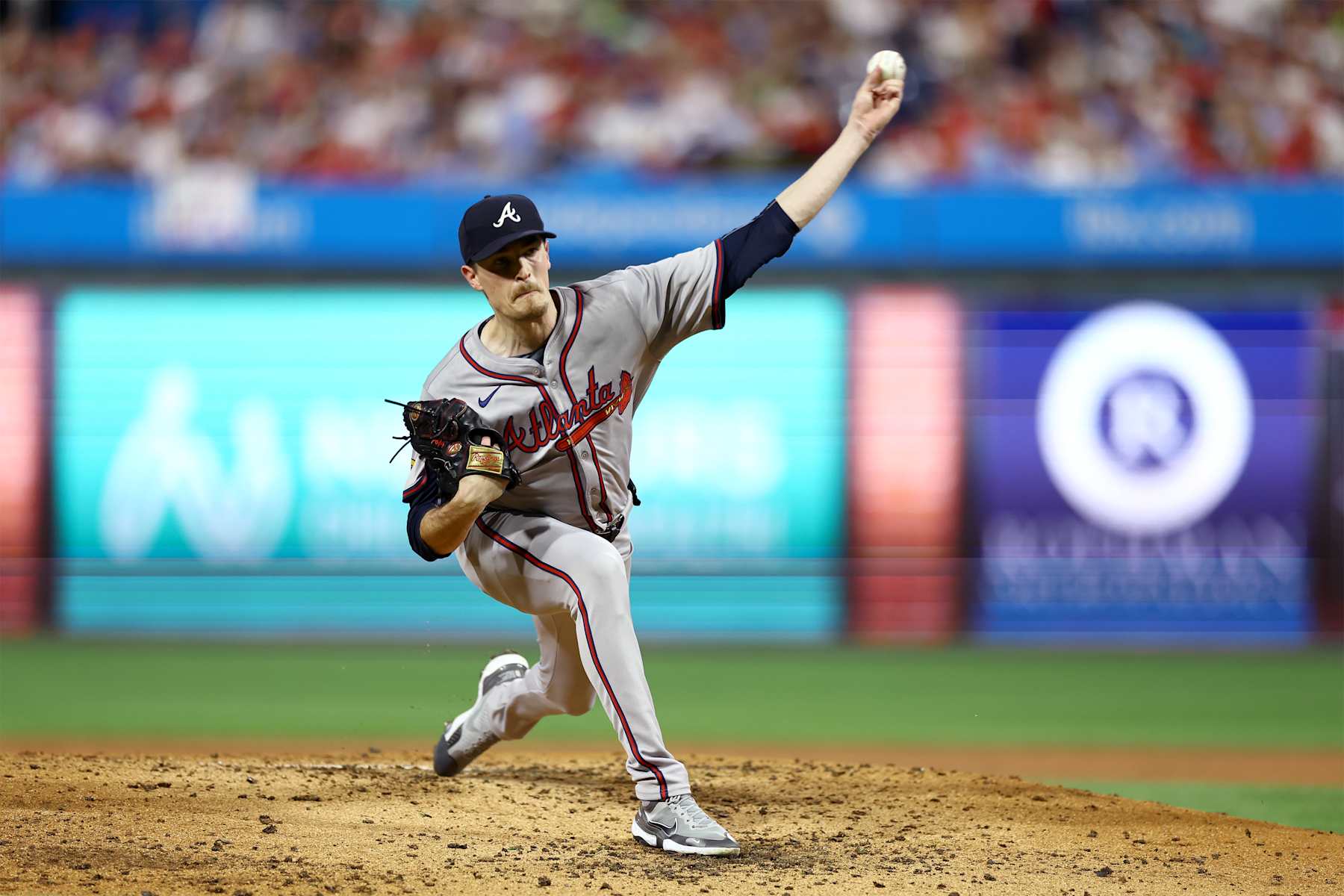 PHILADELPHIA, PENNSYLVANIA - AUGUST 31: Max Fried #54 of the Atlanta Braves pitches during the third inning against the Philadelphia Phillies at Citizens Bank Park on August 31, 2024 in Philadelphia, Pennsylvania. (Photo by Tim Nwachukwu/Getty Images)