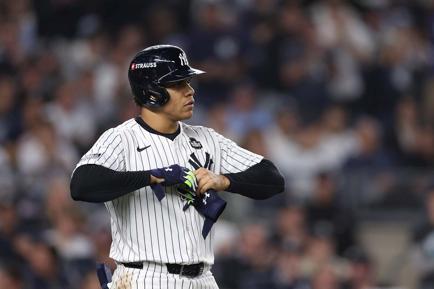 NEW YORK, NEW YORK - OCTOBER 30:  Juan Soto #22 of the New York Yankees walks during the first inning of Game Five of the 2024 World Series against the Los Angeles Dodgers at Yankee Stadium on October 30, 2024 in the Bronx borough of New York City. (Photo by Elsa/Getty Images)