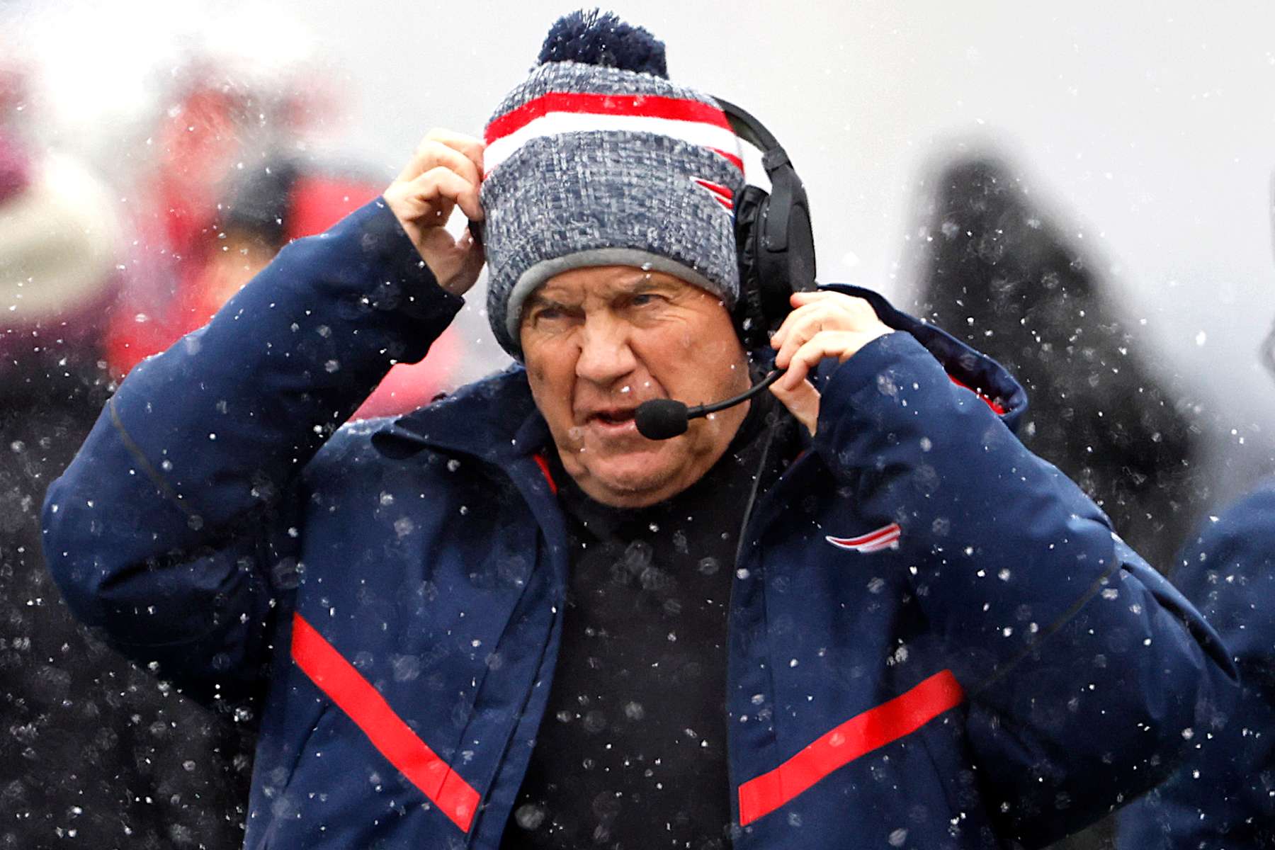 FOXBOROUGH, MASSACHUSETTS - JANUARY 07: New England Patriots head coach Bill Belichick looks on in the first half at Gillette Stadium on January 07, 2024 in Foxborough, Massachusetts. (Photo by Winslow Townson/Getty Images)