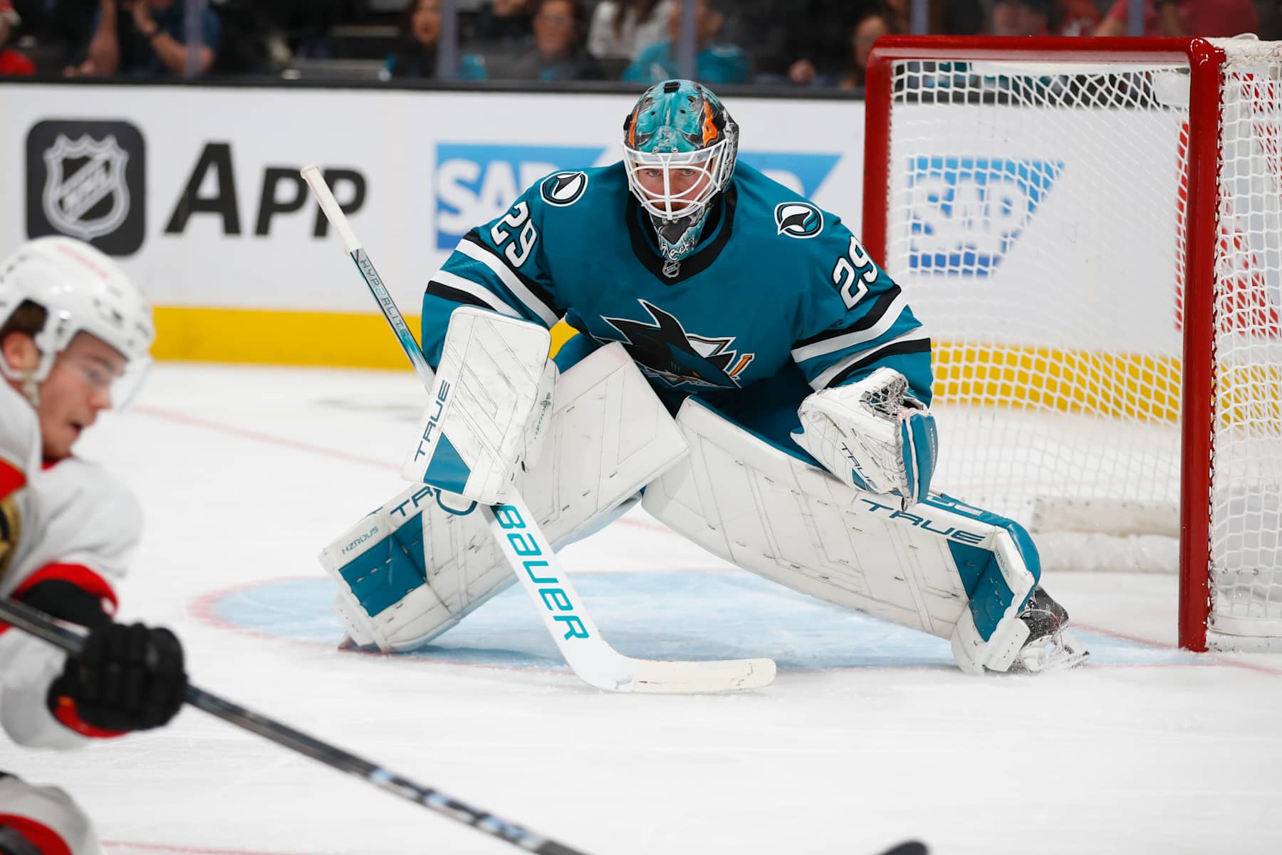 SAN JOSE, CA - NOVEMBER 27: San Jose Sharks goaltender Mackenzie Blackwood (29) watches the puck during the NHL game between the Ottawa Senators and the San Jose Sharks on November 27, 2024 at SAP Center in San Jose, CA. (Photo by Scott Dinn/Icon Sportswire via Getty Images)