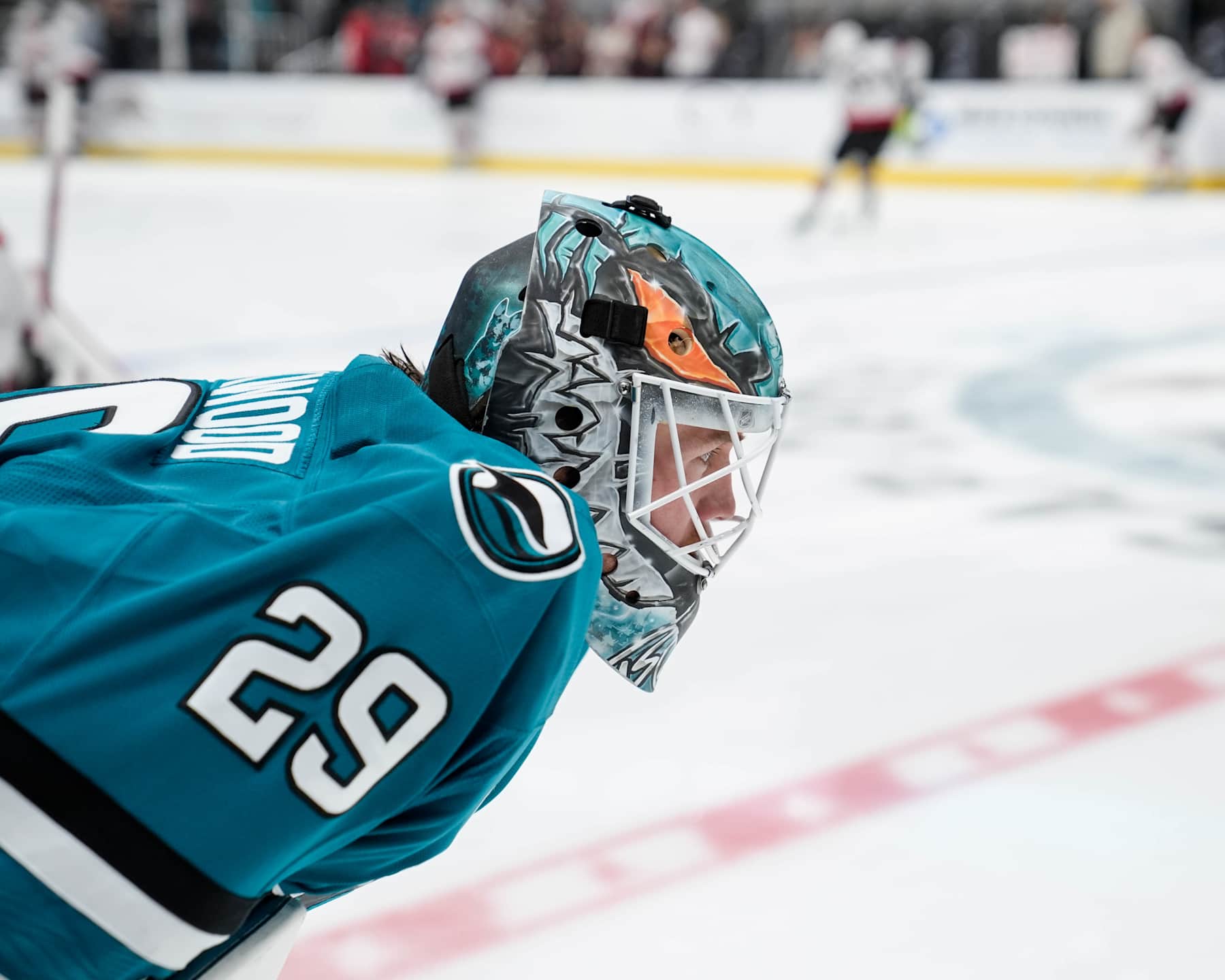 SAN JOSE, CALIFORNIA - NOVEMBER 27: Mackenzie Blackwood #29 of the San Jose Sharks during warmups against the Ottawa Senators at SAP Center on November 27, 2024 in San Jose, California. (Photo by Andreea Cardani/NHLI via Getty Images)