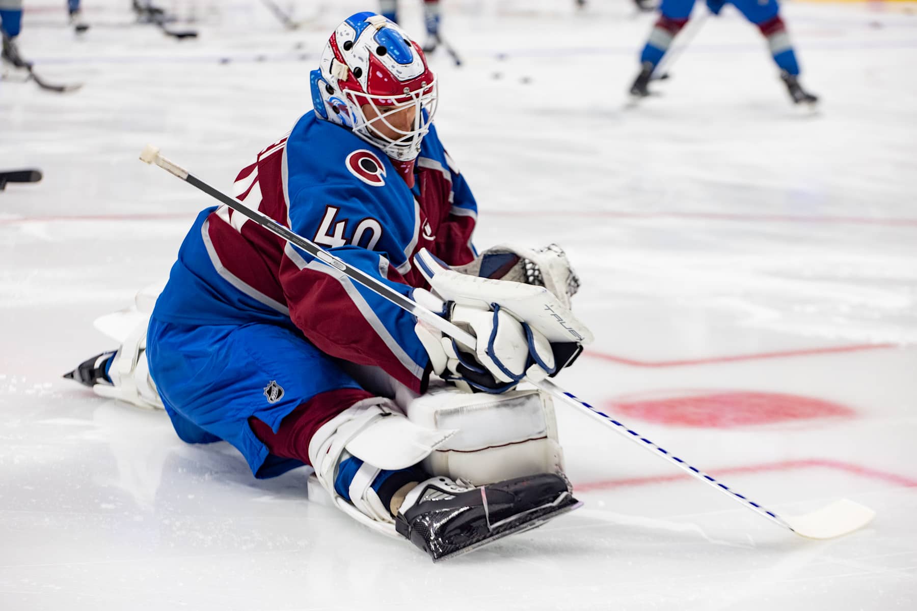 DENVER, COLORADO - NOVEMBER 27: Alexandar Georgiev #40 of the Colorado Avalanche stretches during warmups ahead of the game against the Vegas Golden Knights at Ball Arena on November 27, 2024 in Denver, Colorado. (Photo by Ashley Potts/NHLI via Getty Images)