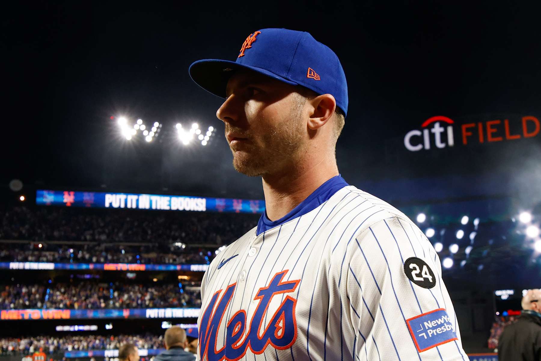 NEW YORK, NY - OCTOBER 18:   Pete Alonso #20 of the New York Mets looks on after winning Game 5 of the NLCS presented by loanDepot between the Los Angeles Dodgers and the New York Mets at Citi Field on Friday, October 18, 2024 in New York, New York. (Photo by Rob Tringali/MLB Photos via Getty Images)