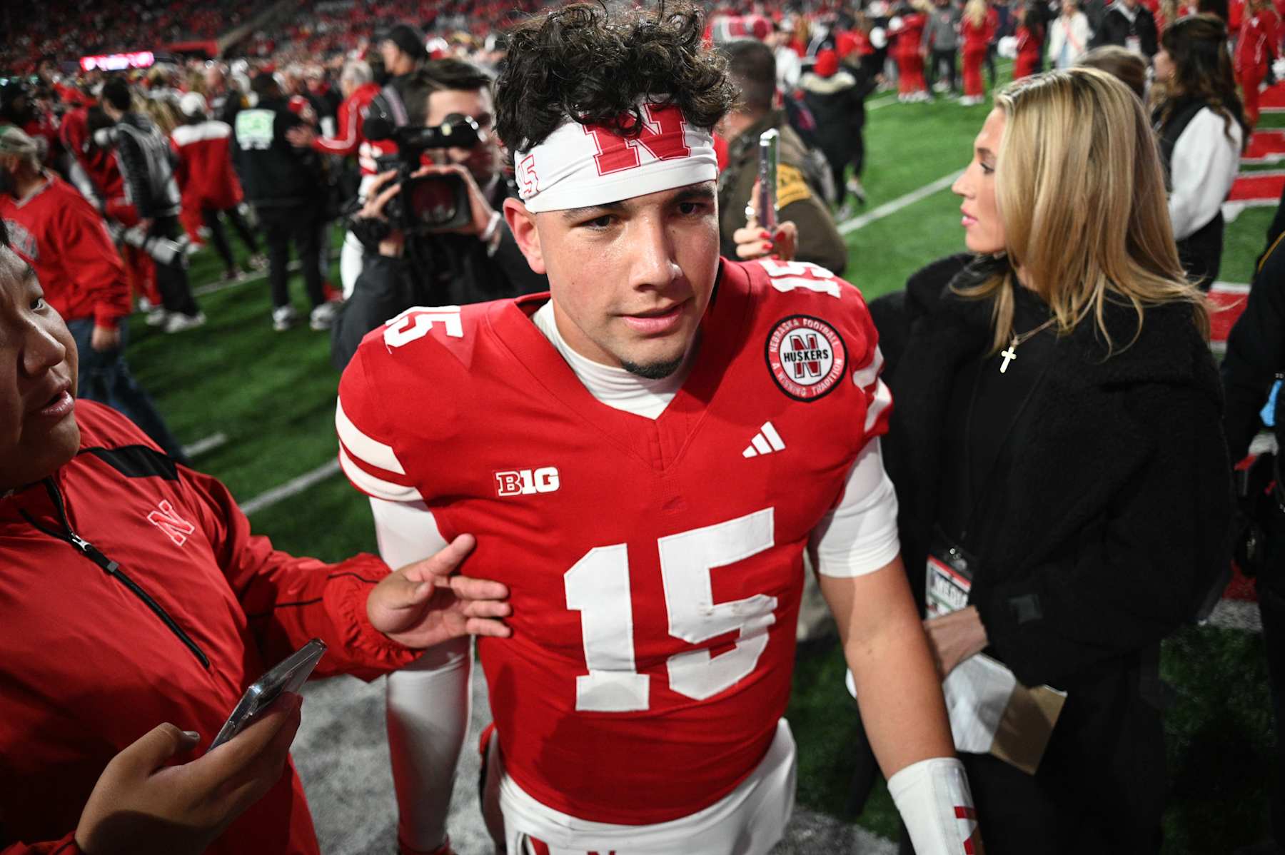 LINCOLN, NEBRASKA - NOVEMBER 23: Dylan Raiola #15 of the Nebraska Cornhuskers celebrates after the win against the Wisconsin Badgers at Memorial Stadium on November 23, 2024 in Lincoln, Nebraska.  (Photo by Steven Branscombe/Getty Images)