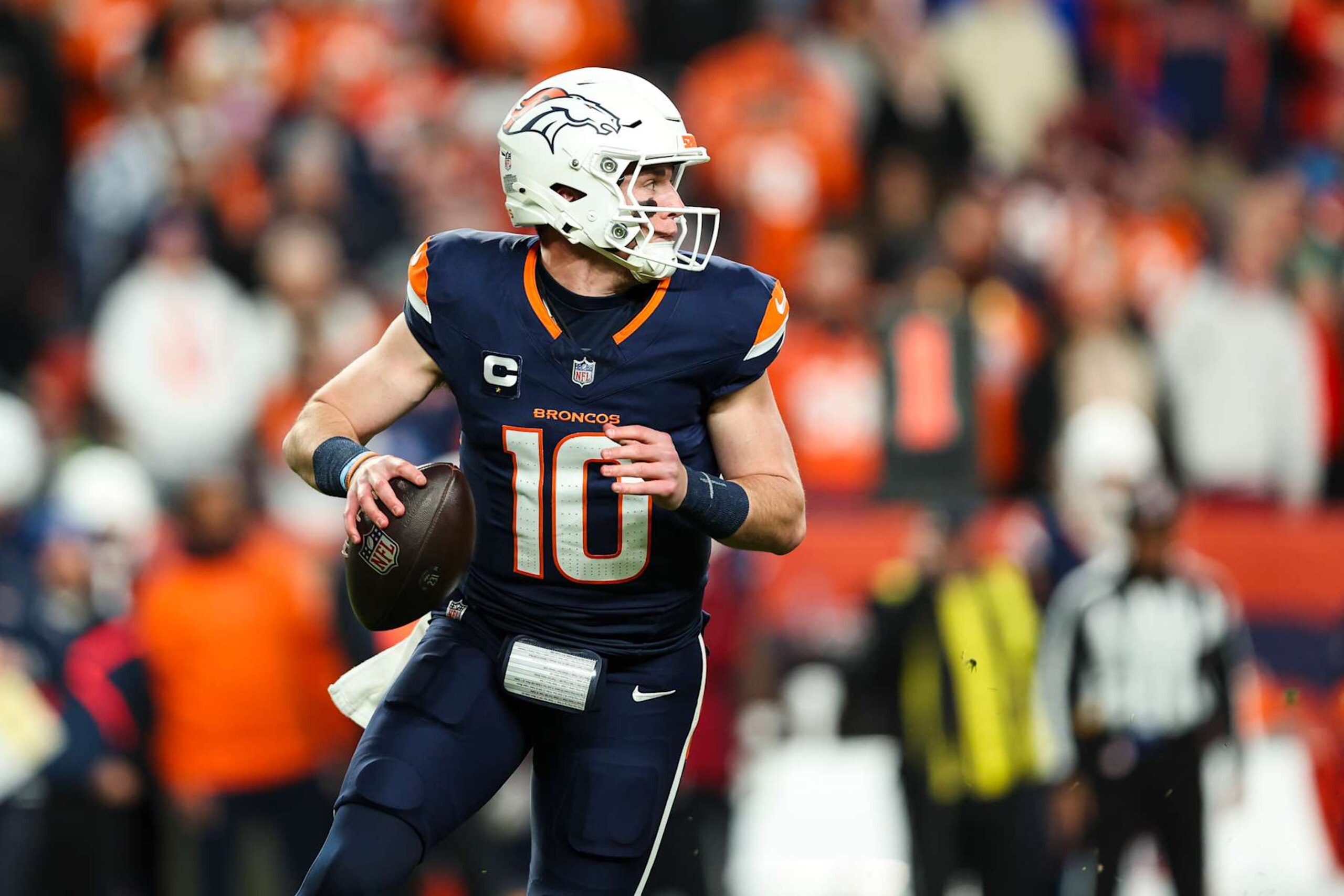 DENVER, COLORADO - DECEMBER 02: Bo Nix #10 of the Denver Broncos throws the ball during an NFL football game against the Cleveland Browns at Empower Field at Mile High on December 2, 2024 in Denver, Colorado (Photo by Perry Knotts/Getty Images)