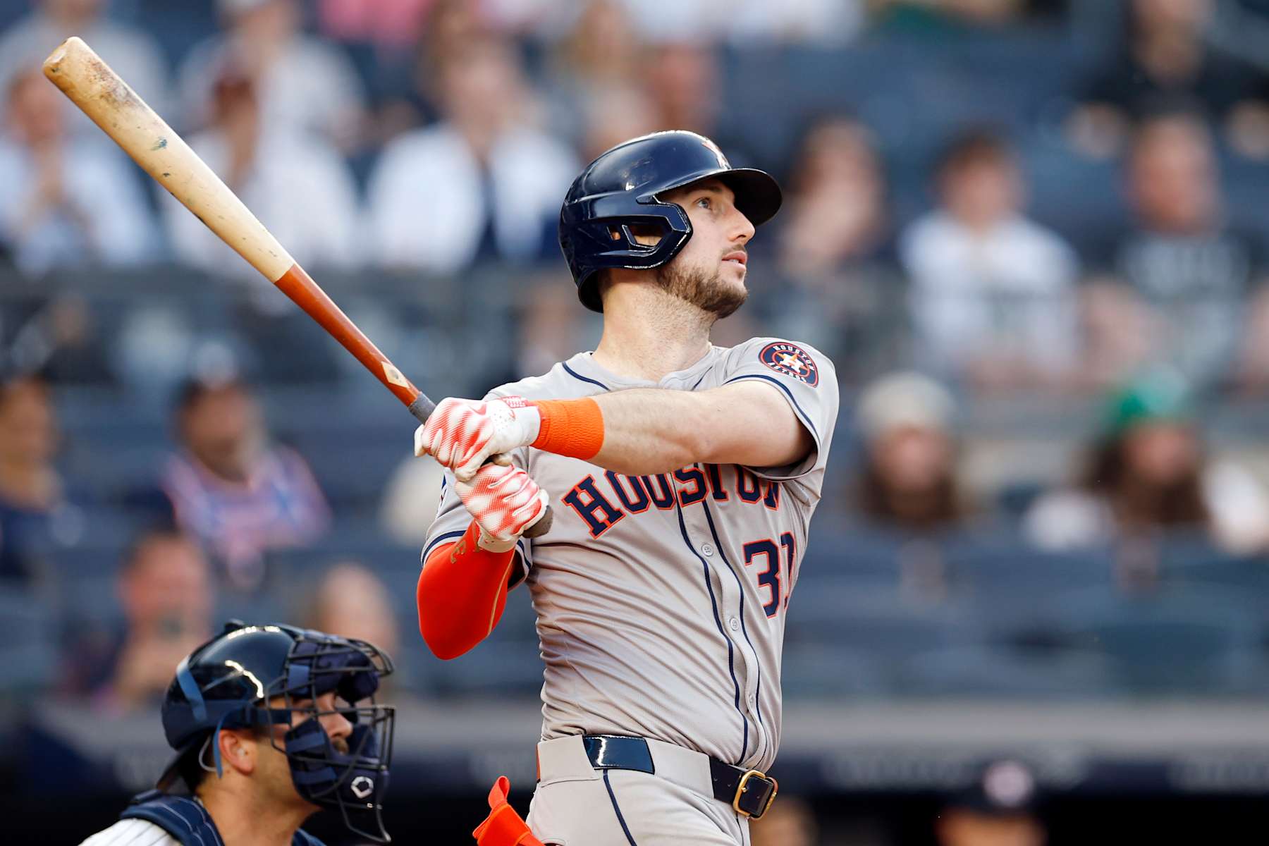 NEW YORK, NEW YORK - MAY 08: Kyle Tucker #30 of the Houston Astros hits a solo home run during the first inning against the New York Yankees at Yankee Stadium on May 08, 2024 in the Bronx borough of New York City. (Photo by Sarah Stier/Getty Images)