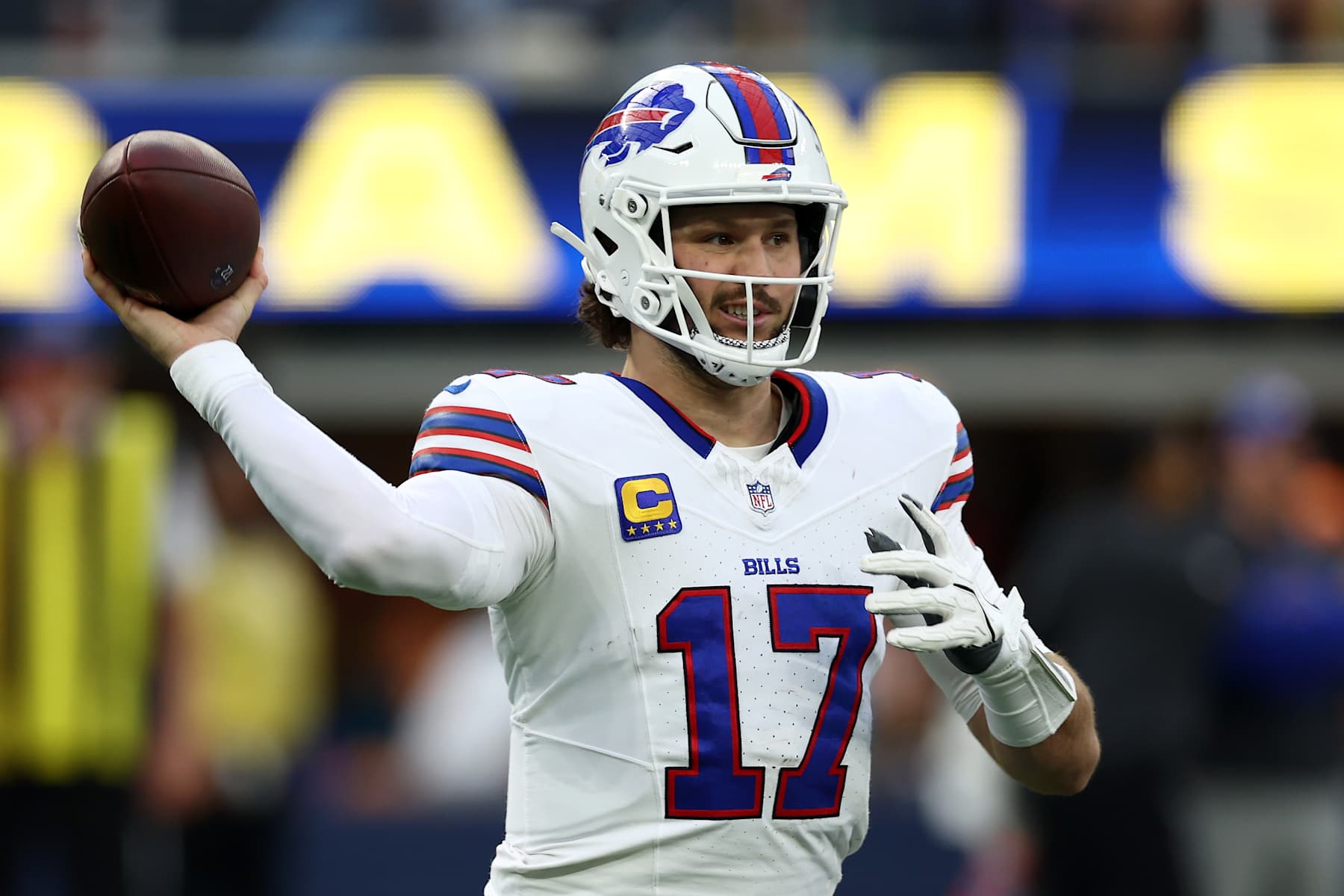 INGLEWOOD, CALIFORNIA - DECEMBER 08: Josh Allen #17 of the Buffalo Bills throws a pass against the Los Angeles Rams during the second quarter at SoFi Stadium on December 08, 2024 in Inglewood, California. (Photo by Katelyn Mulcahy/Getty Images)