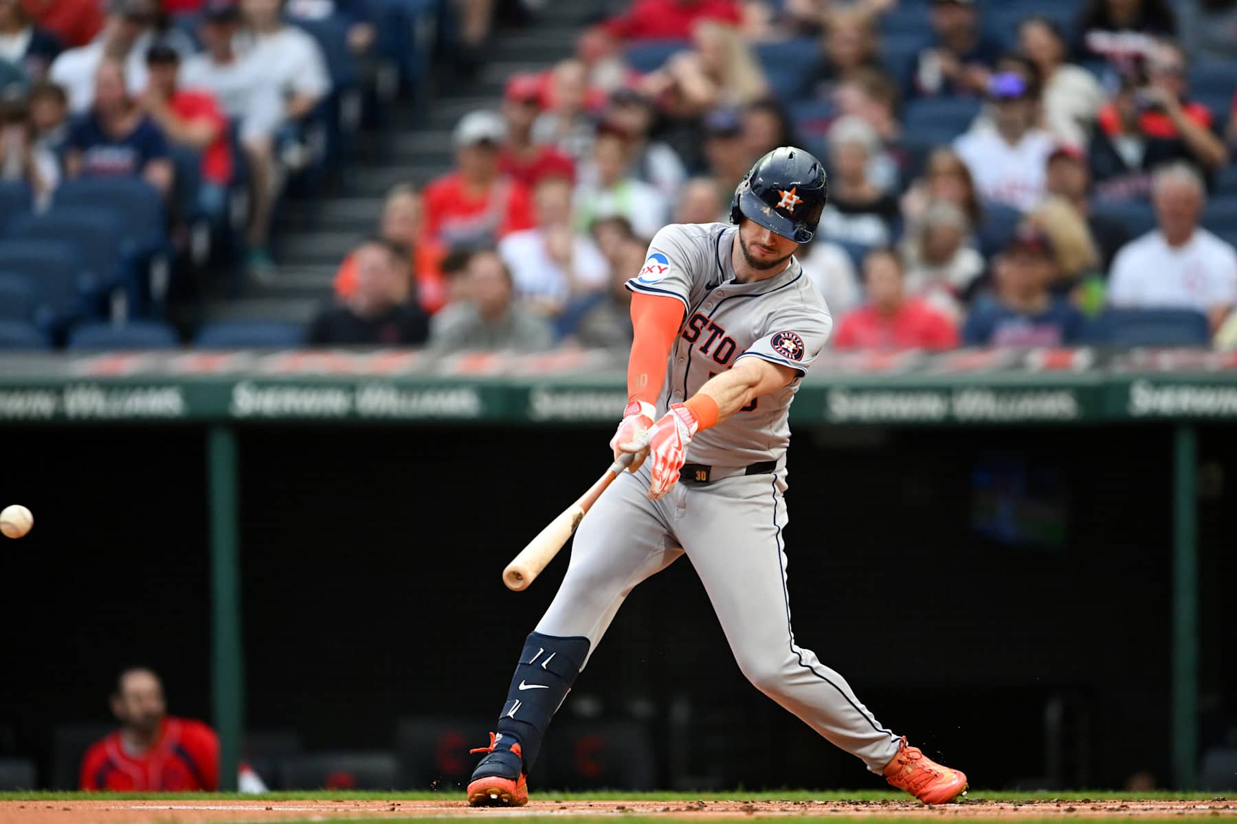 CLEVELAND, OHIO - SEPTEMBER 28: Kyle Tucker #30 of the Houston Astros hits a single during the first inning against the Cleveland Guardians at Progressive Field on September 28, 2024 in Cleveland, Ohio. (Photo by Nick Cammett/Diamond Images via Getty Images)