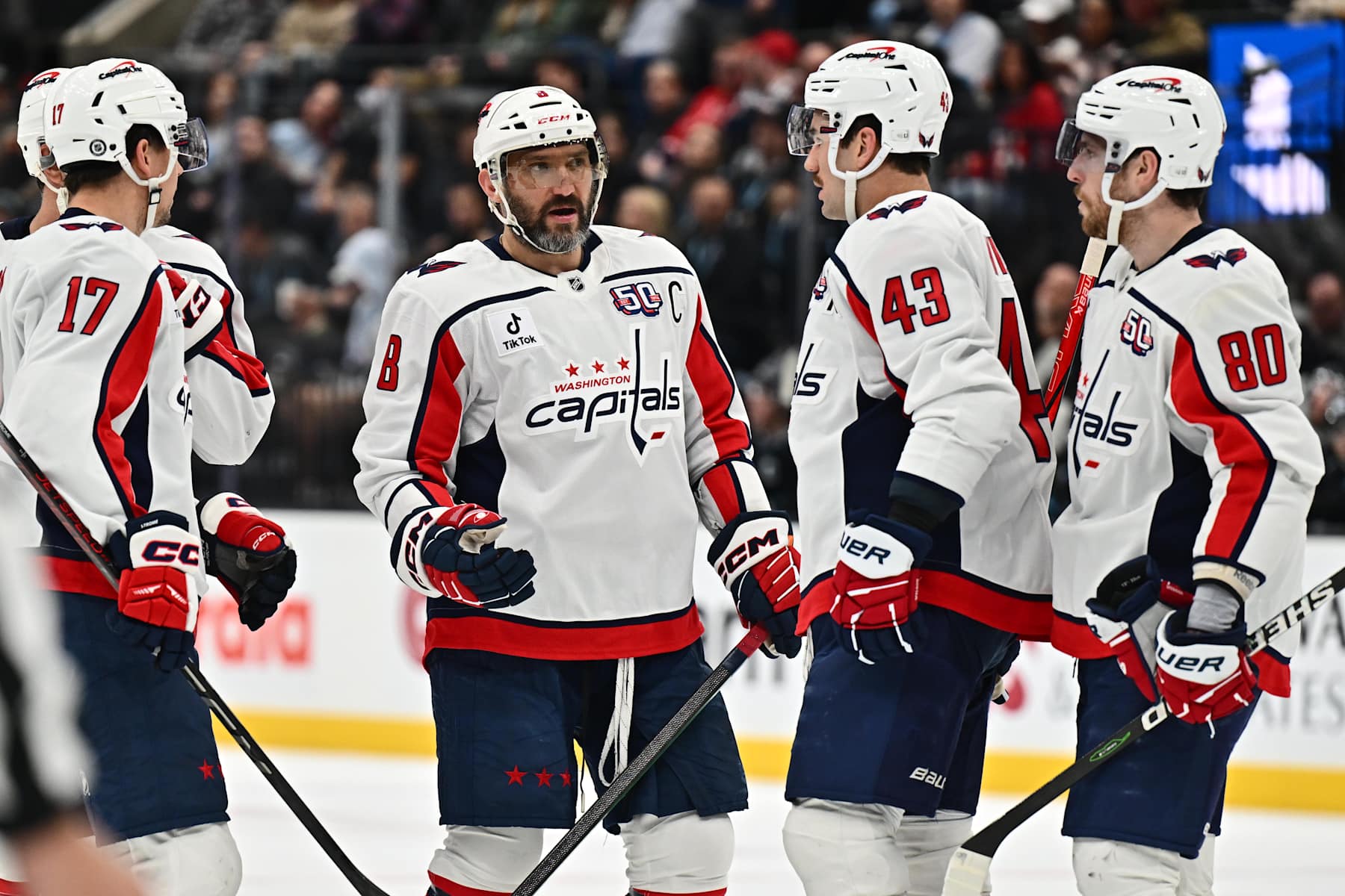 SALT LAKE CITY, UTAH - NOVEMBER 18: Alex Ovechkin #8 of the Washington Capitals talks with teammates during a game against the Utah Hockey Club on November 18, 2024 at Delta Center in Salt Lake City, Utah. (Photo by Jamie Sabau/NHLI via Getty Images)