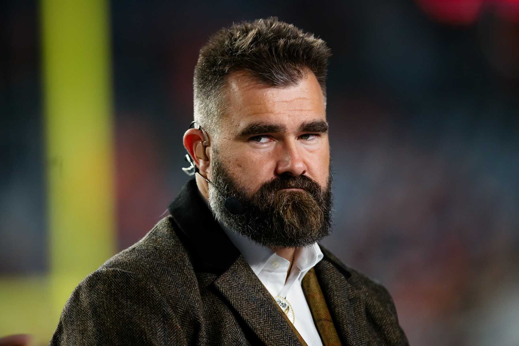 DENVER, CO - DECEMBER 2:  Jason Kelce of ESPN broadcasts live before a Monday Night Football game between the Denver Broncos and the Cleveland Browns at Empower Field at Mile High on December 2, 2024 in Denver, Colorado. (Photo by Justin Edmonds/Getty Images)