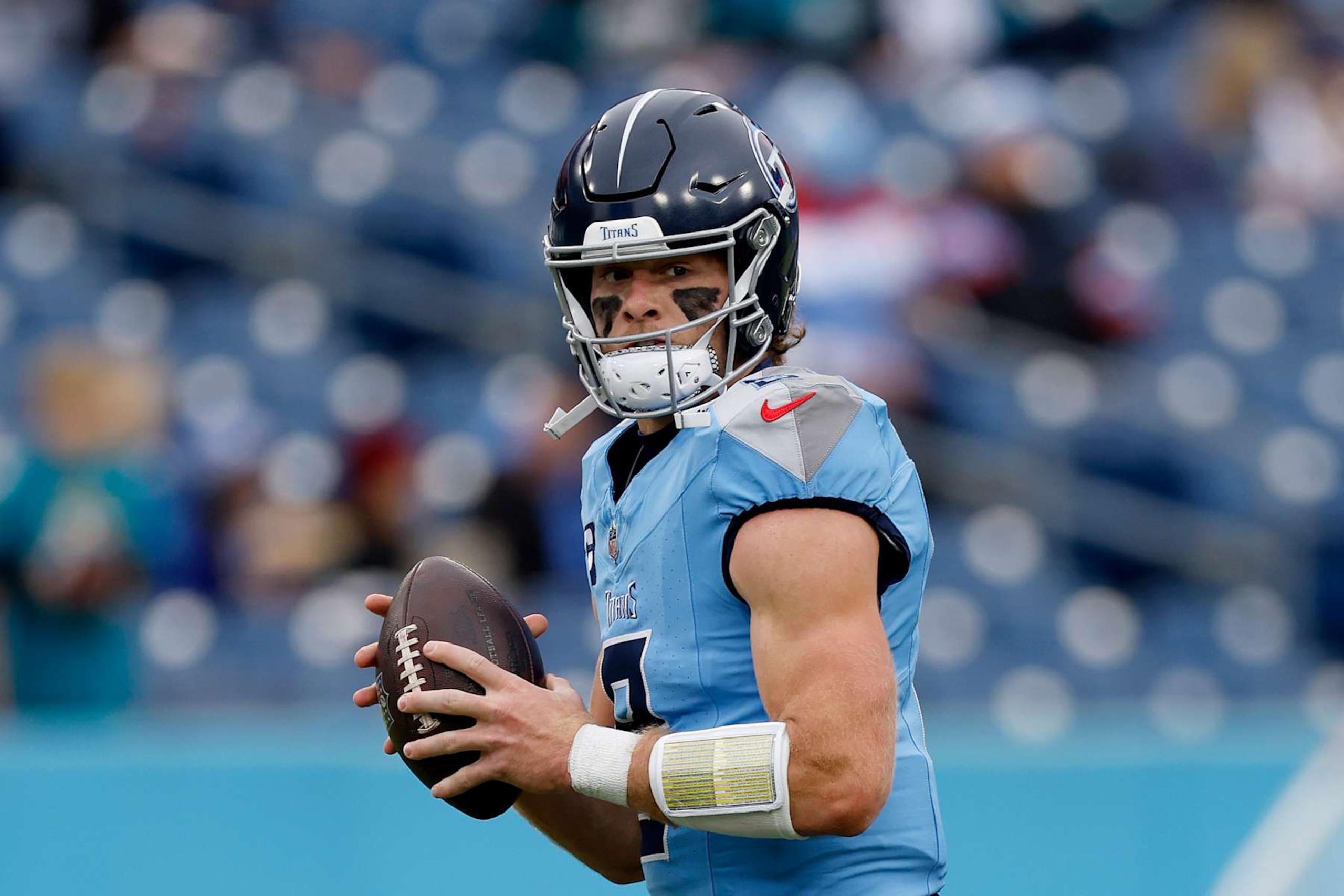 NASHVILLE, TENNESSEE - DECEMBER 08: Will Levis #8 of the Tennessee Titans warms up prior to the game at Nissan Stadium on December 08, 2024 in Nashville, Tennessee. (Photo by Wesley Hitt/Getty Images)