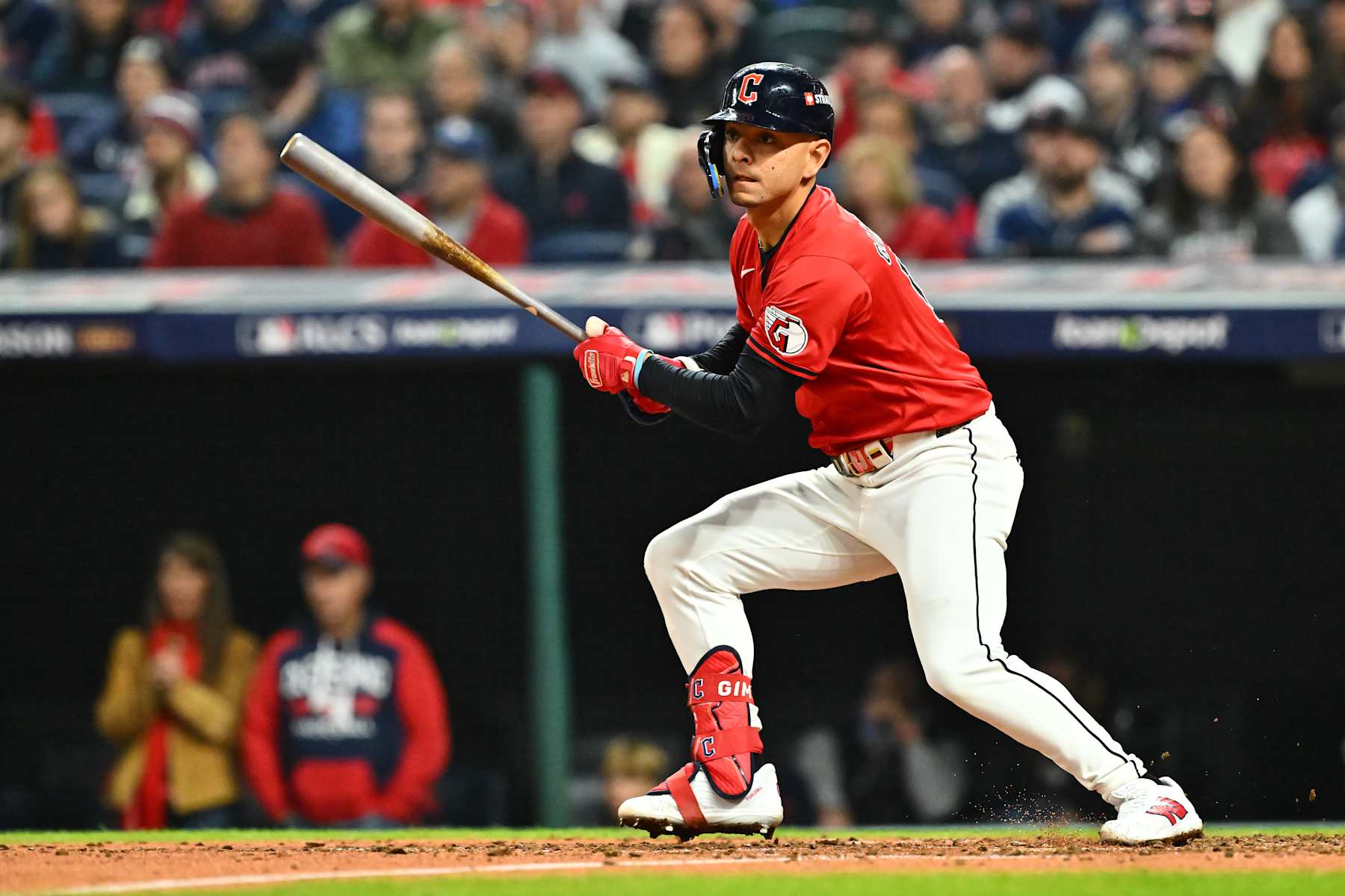 CLEVELAND, OHIO - OCTOBER 19: Andrés Giménez #0 of the Cleveland Guardians hits a double in the fifth inning against the New York Yankees during Game Five of the American League Championship Series at Progressive Field on October 19, 2024 in Cleveland, Ohio. (Photo by Jason Miller/Getty Images)