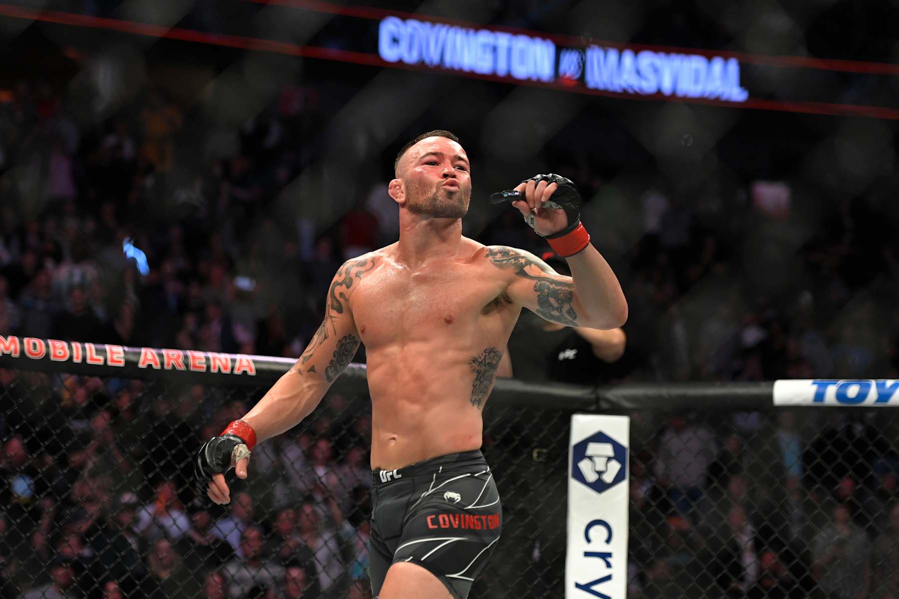 LAS VEGAS, NEVADA - MARCH 05: Colby Covington gestures to Jorge Masvidal after their welterweight fight during UFC 272 at T-Mobile Arena on March 05, 2022 in Las Vegas, Nevada. (Photo by David Becker/Getty Images)