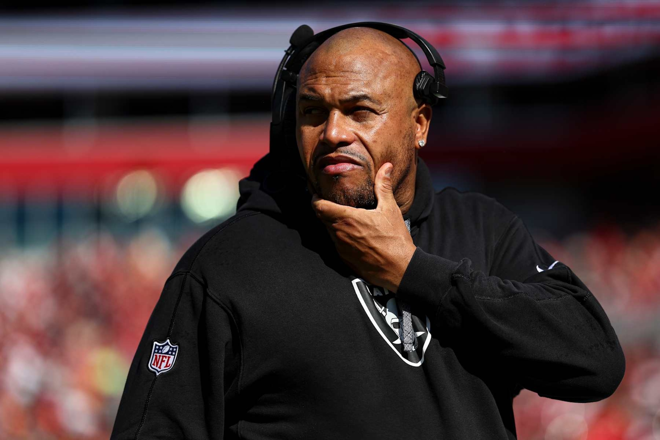 TAMPA, FLORIDA - DECEMBER 8: Head coach Antonio Pierce of the Las Vegas Raiders looks on from the sidelines prior to an NFL football game against the Tampa Bay Buccaneers at Raymond James Stadium on December 8, 2024 in Tampa, Florida. (Photo by Kevin Sabitus/Getty Images)