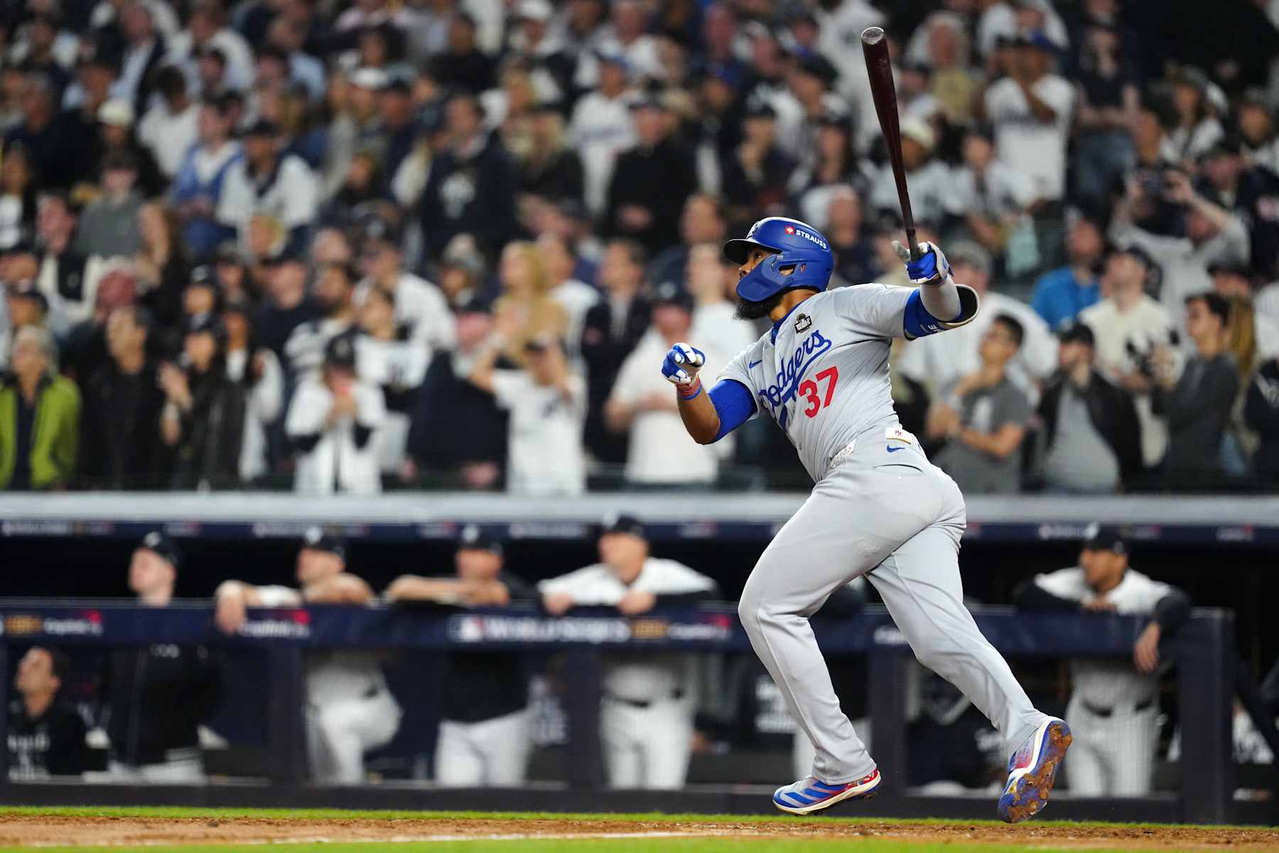 NEW YORK, NY - OCTOBER 30: Teoscar Hernandez #37 of the Los Angeles Dodgers hits an RBI double in the fifth inning during Game 5 of the 2024 World Series presented by Capital One between the Los Angeles Dodgers and the New York Yankees at Yankee Stadium on Wednesday, October 30, 2024 in New York, New York. (Photo by Daniel Shirey/MLB Photos via Getty Images)