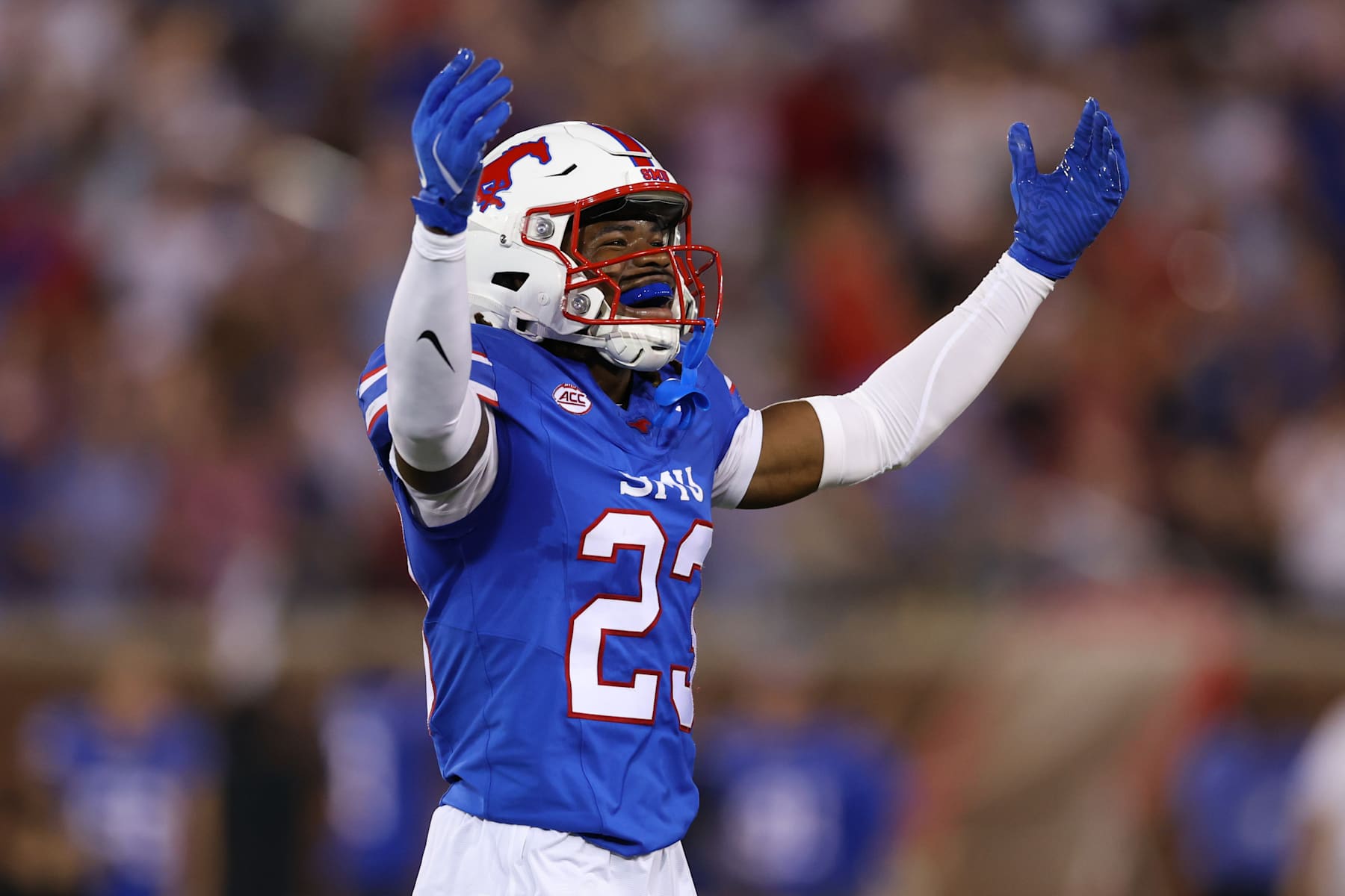 DALLAS, TEXAS - NOVEMBER 02: Isaiah Nwokobia #23 of the Souther Methodist Mustangs celebrates after a defensive stop during the first half \P at Gerald J. Ford Stadium on November 02, 2024 in Dallas, Texas. (Photo by Sam Hodde/Getty Images)