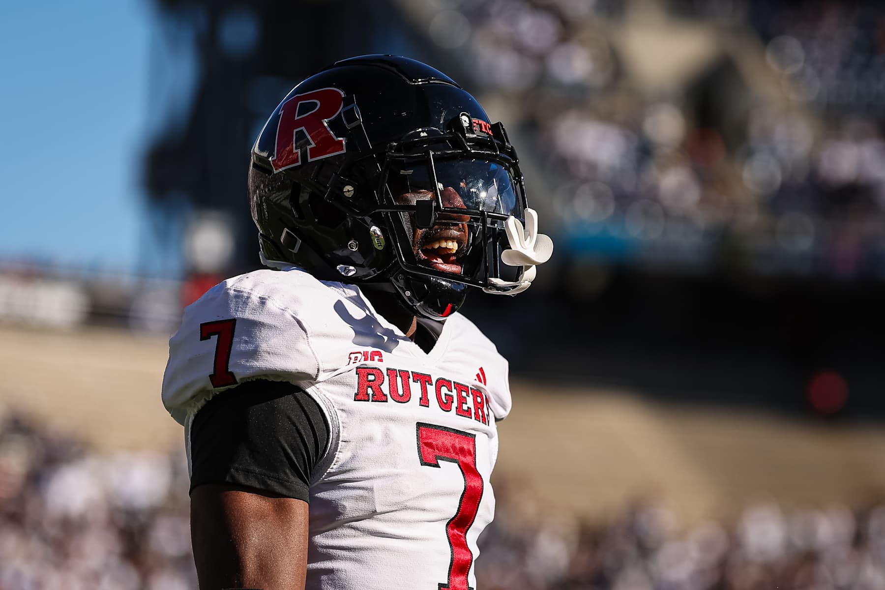 STATE COLLEGE, PA - NOVEMBER 18: Robert Longerbeam #7 of the Rutgers Scarlet Knights celebrates after a play against the Penn State Nittany Lions during the first half at Beaver Stadium on November 18, 2023 in State College, Pennsylvania. (Photo by Scott Taetsch/Getty Images)