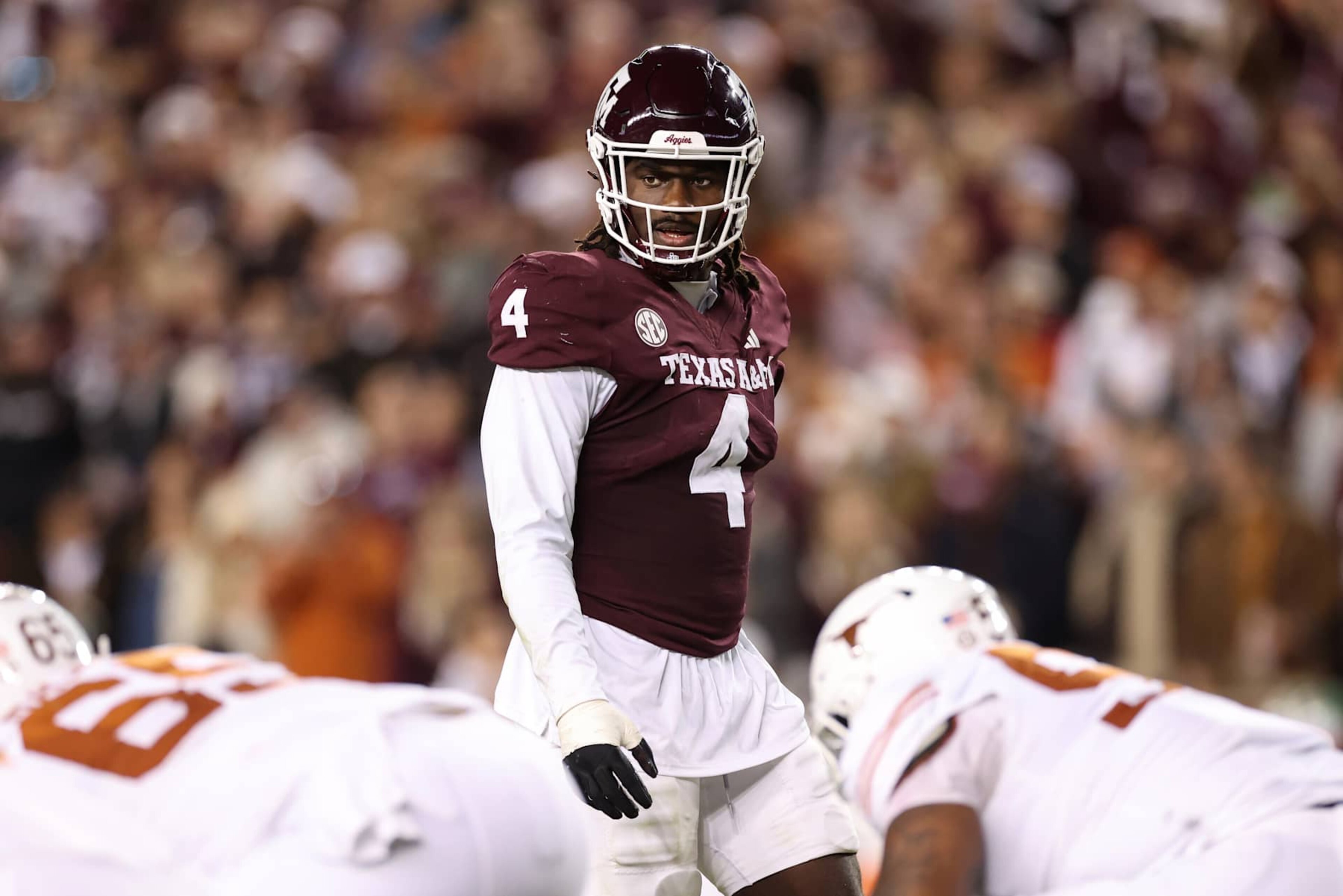 COLLEGE STATION, TEXAS - NOVEMBER 30: Shemar Stewart #4 of the Texas A&M Aggies lines up against the Texas Longhorns in the second half at Kyle Field on November 30, 2024 in College Station, Texas. (Photo by Tim Warner/Getty Images) COLLEGE STATION, TEXAS - NOVEMBER 30: Shemar Stewart #4 of the Texas A&M Aggies lines up against the Texas Longhorns in the second half at Kyle Field on November 30, 2024 in College Station, Texas. (Photo by Tim Warner/Getty Images)