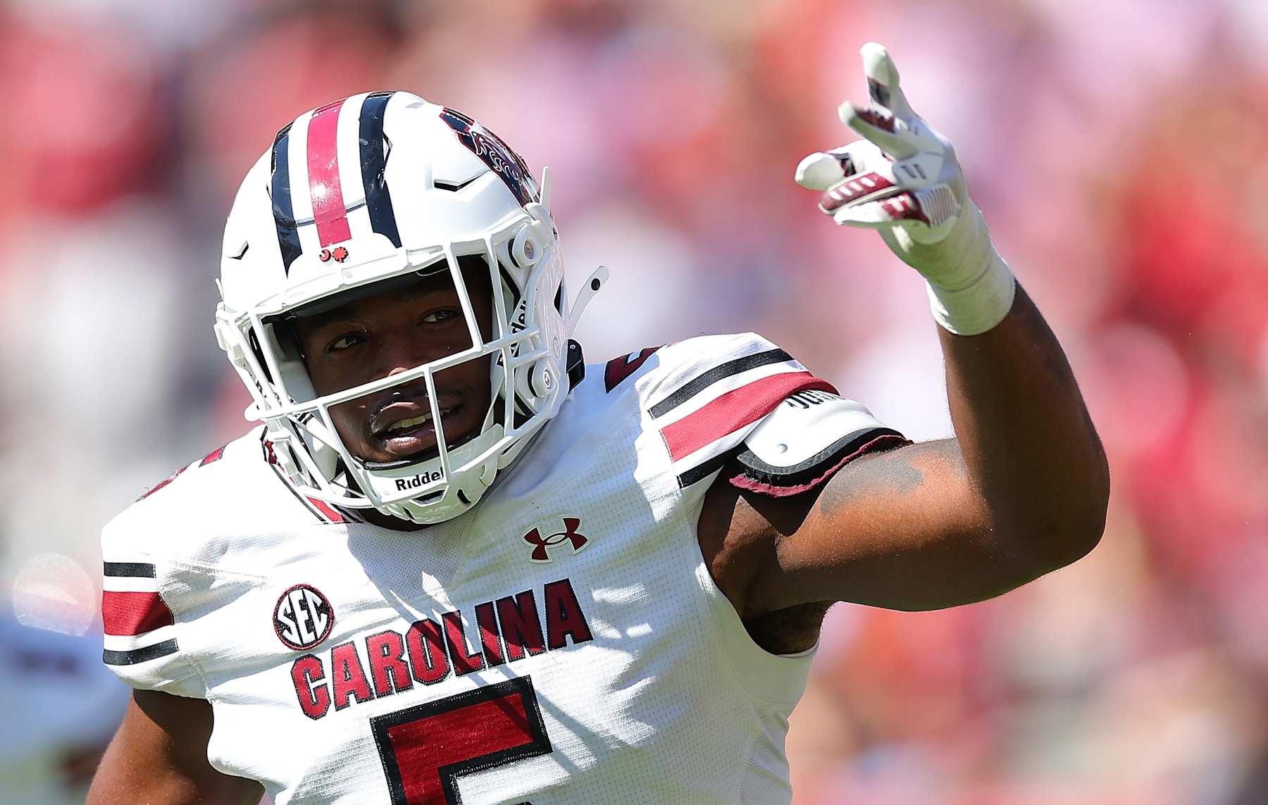TUSCALOOSA, ALABAMA - OCTOBER 12:  Kyle Kennard #5 of the South Carolina Gamecocks reacts after sacking Jalen Milroe #4 of the Alabama Crimson Tide for a safety during the second quarter at Bryant-Denny Stadium on October 12, 2024 in Tuscaloosa, Alabama. (Photo by Kevin C. Cox/Getty Images)