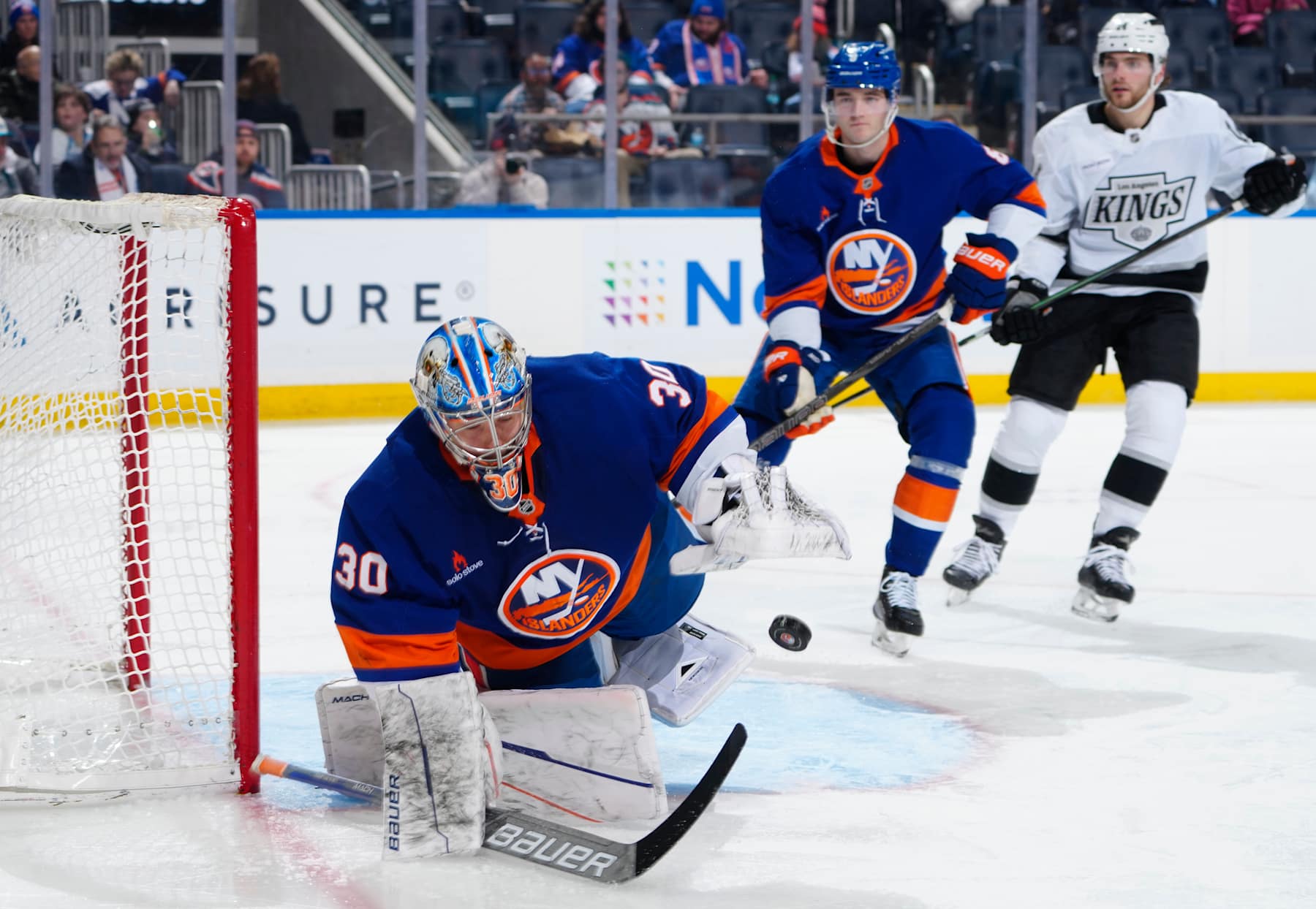 ELMONT, NEW YORK - DECEMBER 10: Ilya Sorokin #30 of the New York Islanders makes a save against against the Los Angeles Kings during the second period at UBS Arena on December 10, 2024 in Elmont, New York. (Photo by Mike Stobe/NHLI via Getty Images)