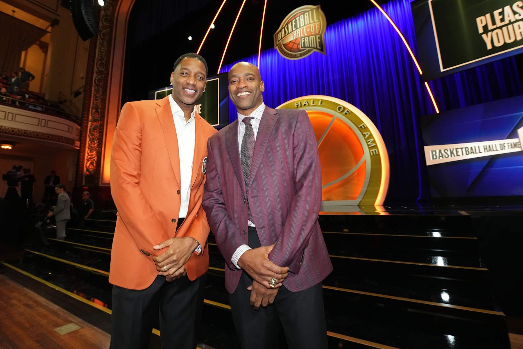 SPRINGFIELD,MA - OCTOBER 13: Tracy McGrady and Vince Carter pose for a photo during the 2024 Basketball Hall of Fame Enshrinement Ceremony on October 13, 2024 at Symphony Hall in Springfield, Massachusetts. NOTE TO USER: User expressly acknowledges and agrees that, by downloading and/or using this photograph, user is consenting to the terms and conditions of the Getty Images License Agreement. Mandatory Copyright Notice: Copyright 2024 NBAE (Photo by Jesse D. Garrabrant/NBAE via Getty Images)
