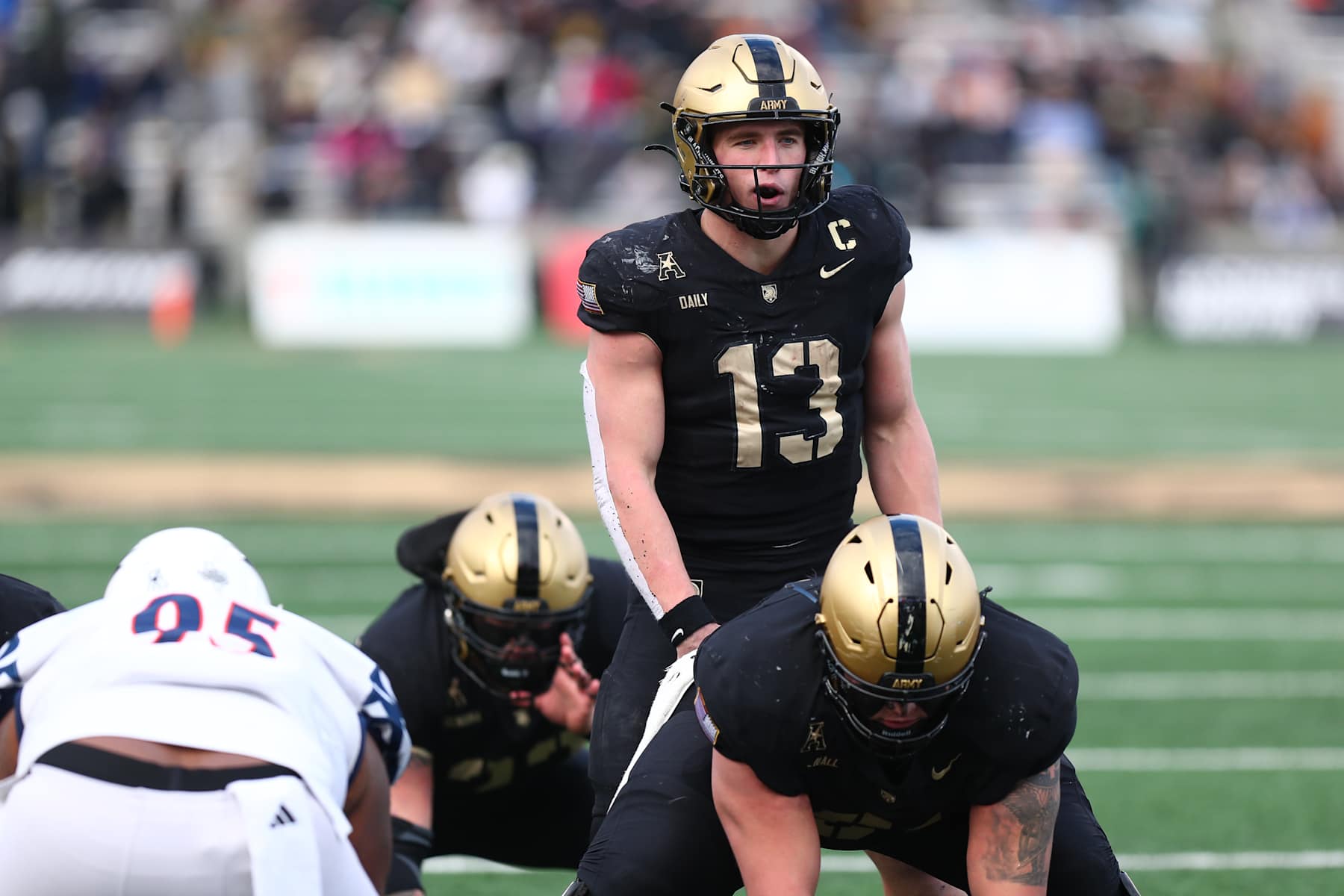 WEST POINT, NEW YORK - NOVEMBER 30: Bryson Daily #13 of the Army Black Knights prior to running a play during the game against the UTSA Roadrunners at Michie Stadium on November 30, 2024 in West Point, New York.  (Photo by Edward Diller/Getty Images)