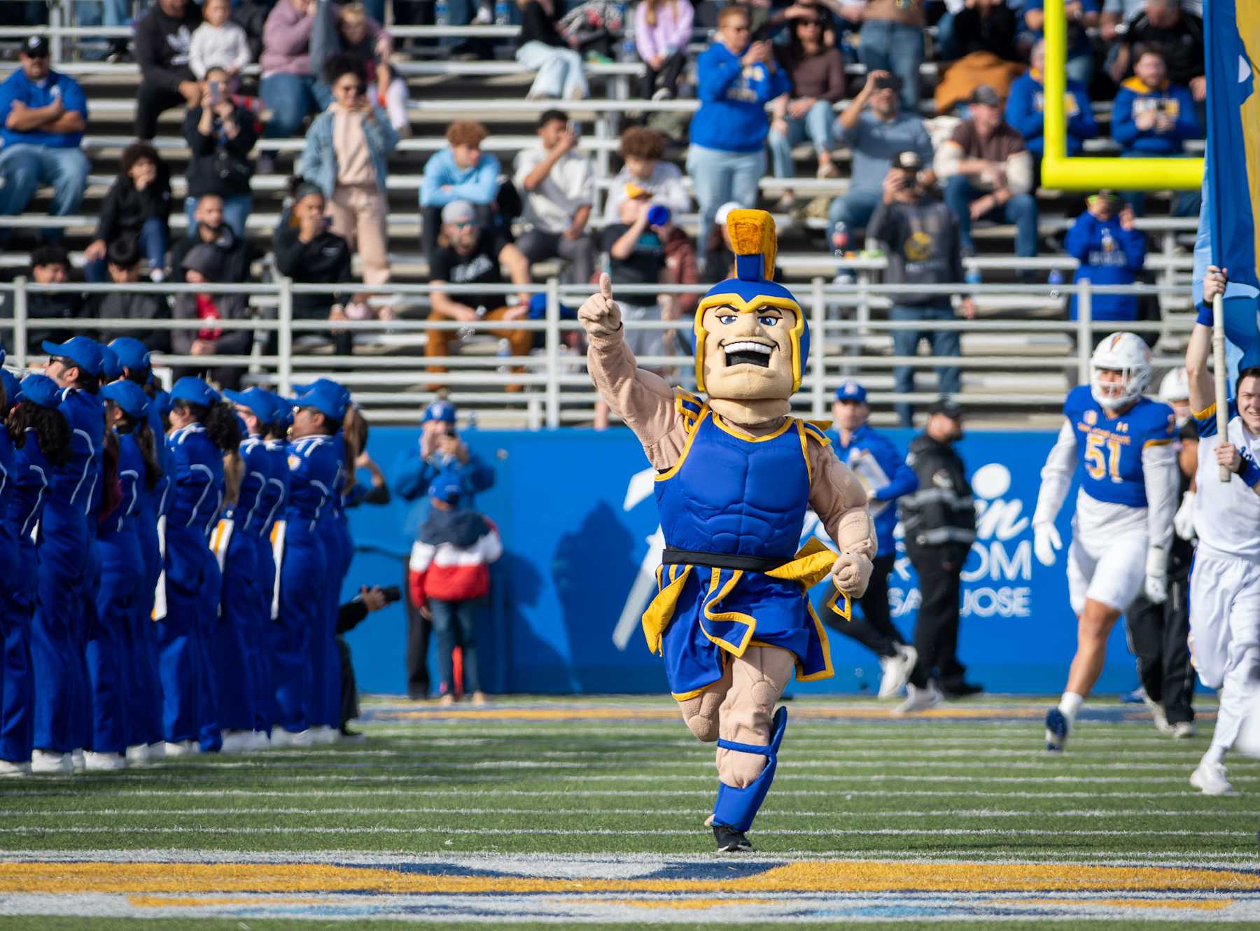 SAN JOSE, CA - NOVEMBER 29: Sammy, the San Jose State Spartans mascot leads the Spartan team onto the field at the game between the San Jose Spartans and the Stanford Cardinals on Friday, November 29, 2024 at the CEFCU Stadium in San Jose, California. (Photo by Douglas Stringer/Icon Sportswire via Getty Images)