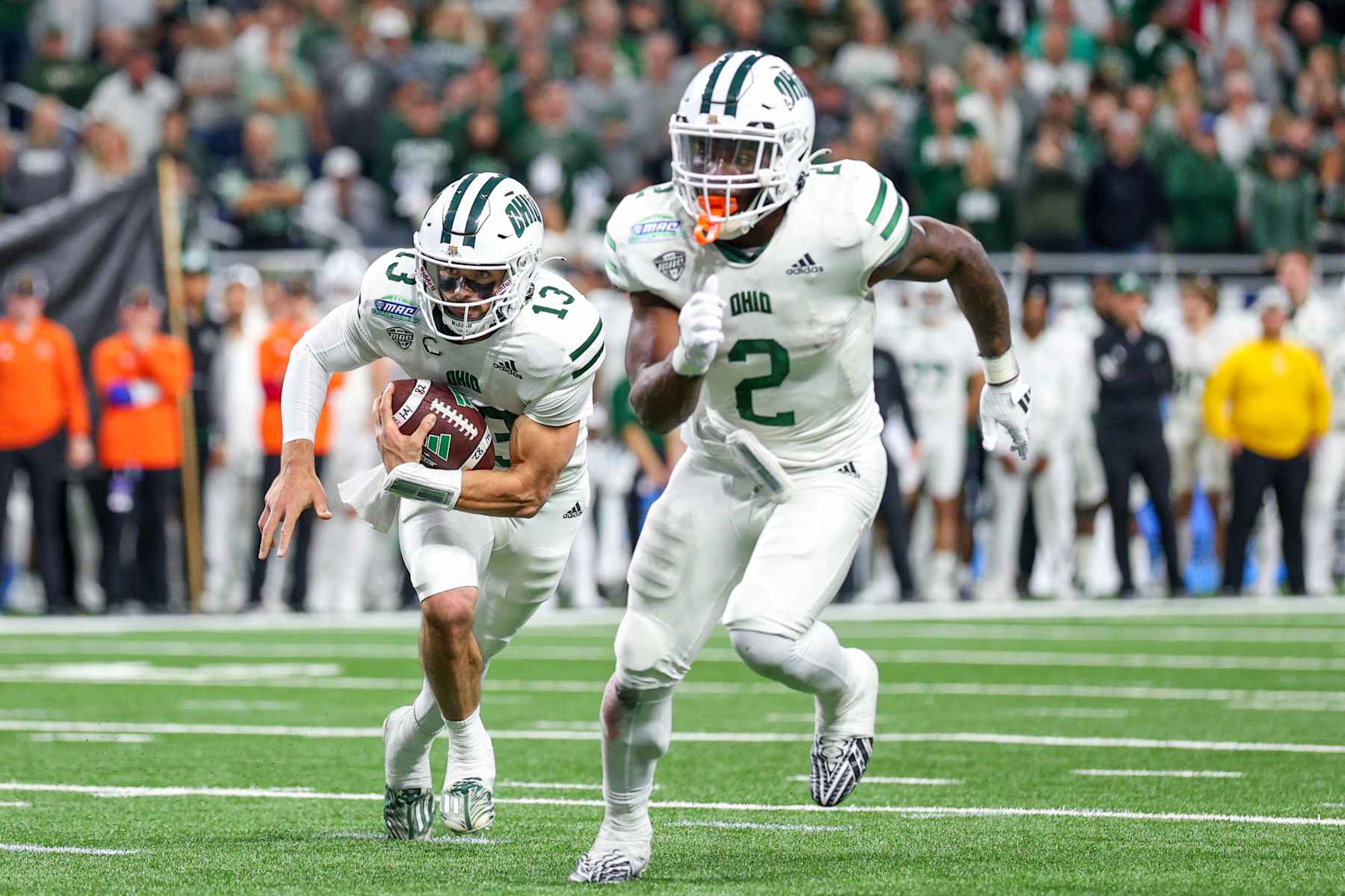 DETROIT, MICHIGAN - DECEMBER 07: Parker Navarro #13 of the Ohio Bobcats runs the ball up the field during the second quarter of the MAC Championship game against the Miami of Ohio Redhawks at Ford Field on December 07, 2024 in Detroit, Michigan. (Photo by Mike Mulholland/Getty Images)