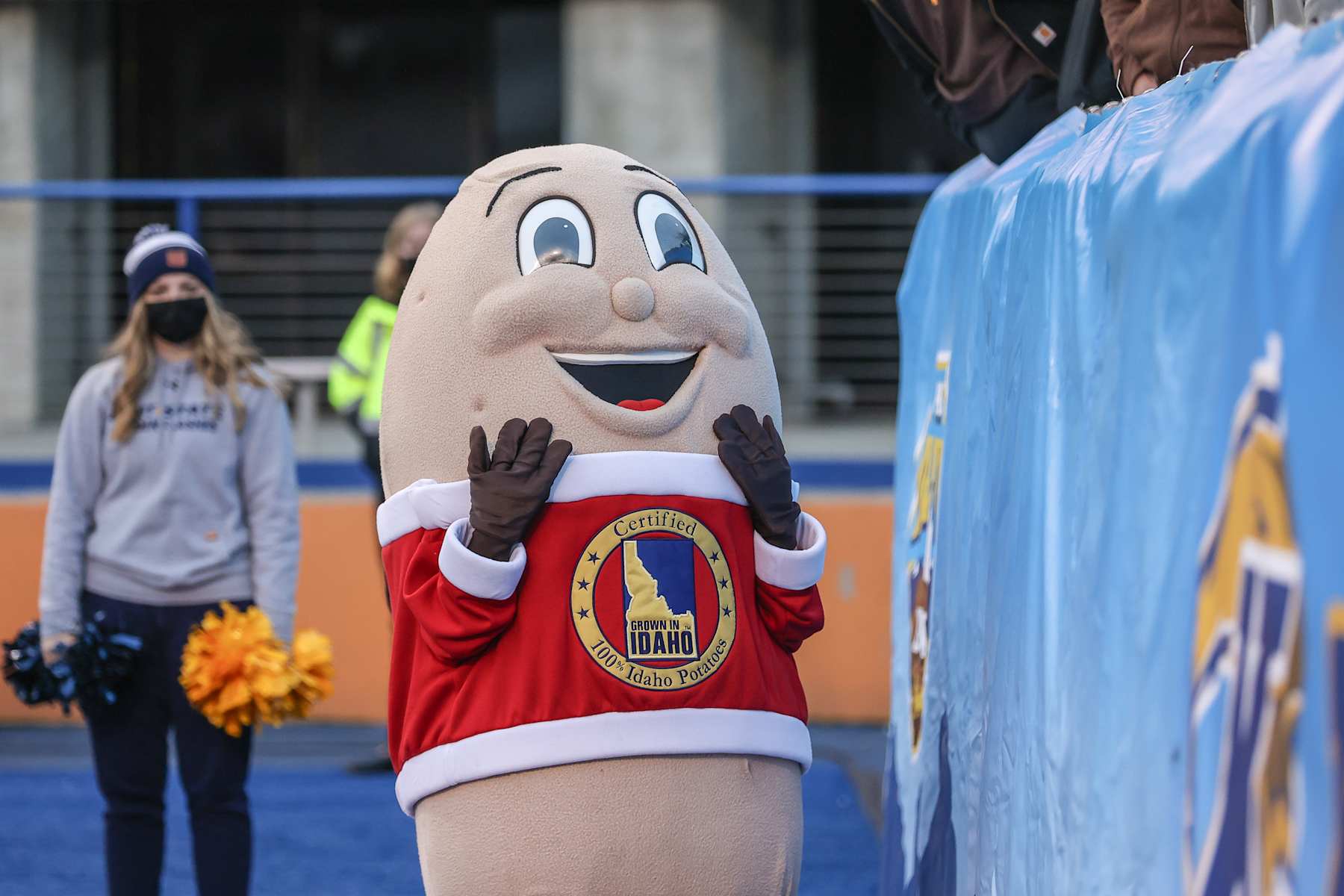 BOISE, ID - DECEMBER 21: Spuddy Buddy, the official mascot for the Famous Idaho Potato Bowl performs for the crowd during second half action between the Wyoming Cowboys and the Kent State Golden Flashes on December  21, 2021 at Albertsons Stadium in Boise, Idaho. Wyoming won the game 52-38. (Photo by Loren Orr/Getty Images)
