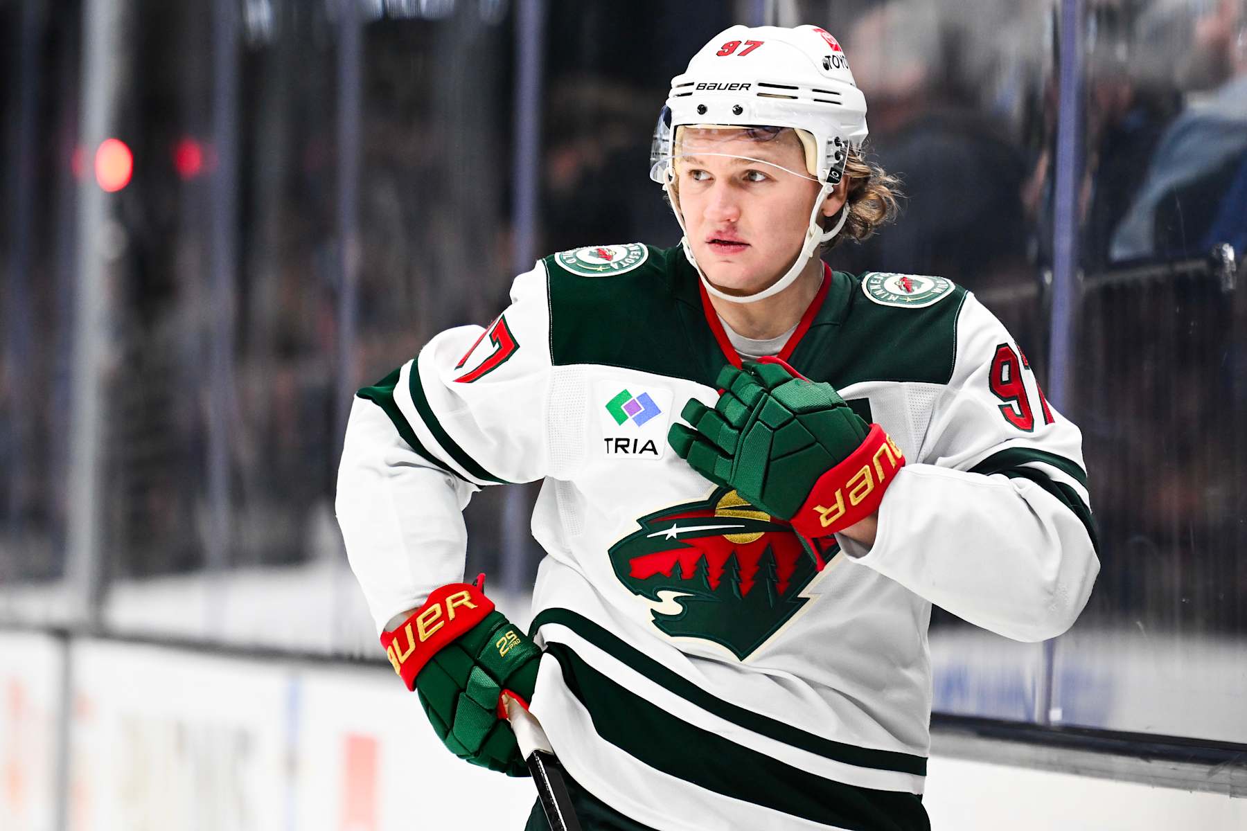 SALT LAKE CITY, UTAH - DECEMBER 10: Kirill Kaprizov #97 of the Minnesota Wild looks on during the first period of a game against the Utah Hockey Club at Delta Center on December 10, 2024 in Salt Lake City, Utah. (Photo by Alex Goodlett/Getty Images)