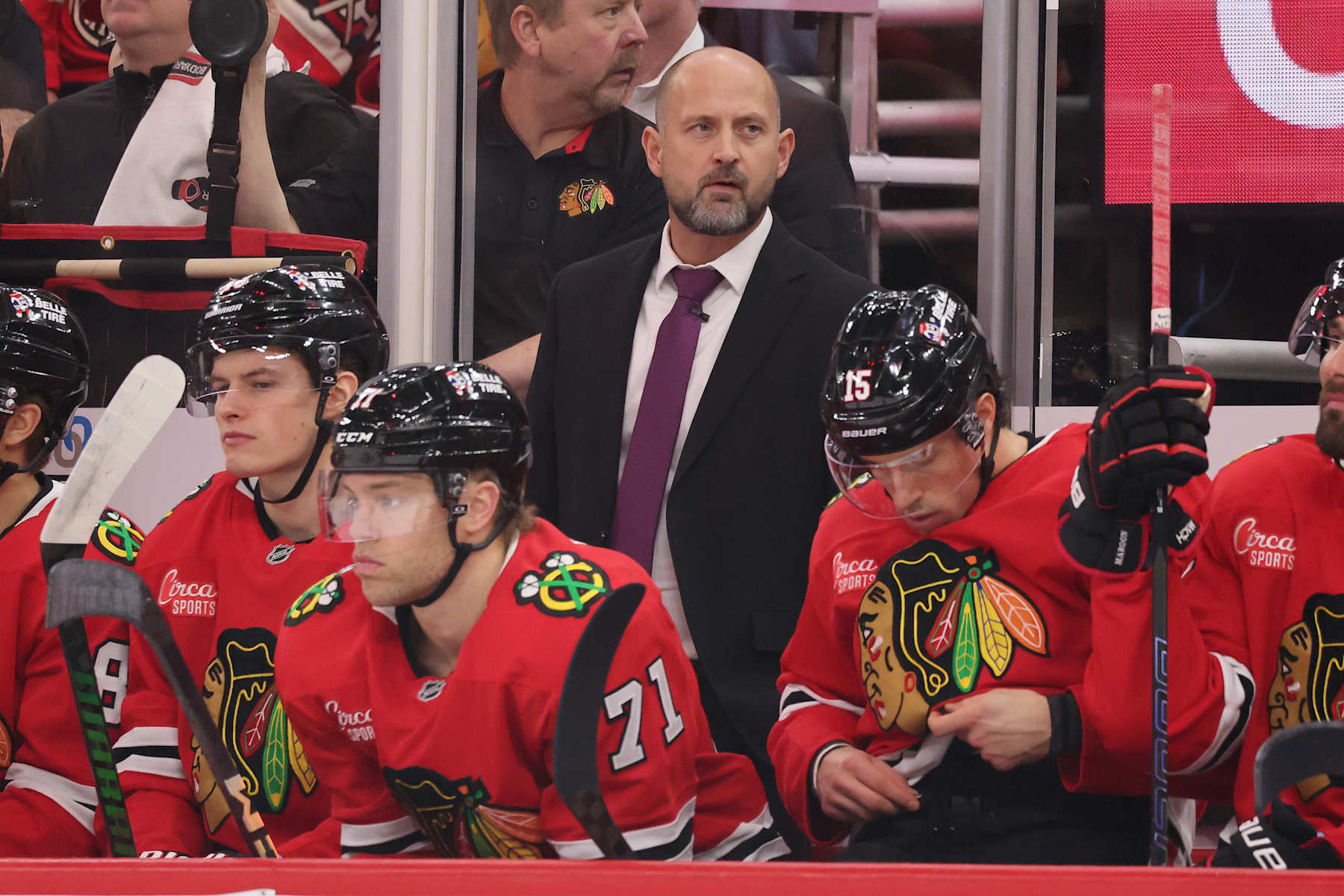 CHICAGO, ILLINOIS - DECEMBER 07: Interim head coach Anders Sorensen of the Chicago Blackhawks looks on against the Winnipeg Jets during the first period at the United Center on December 07, 2024 in Chicago, Illinois. (Photo by Michael Reaves/Getty Images)