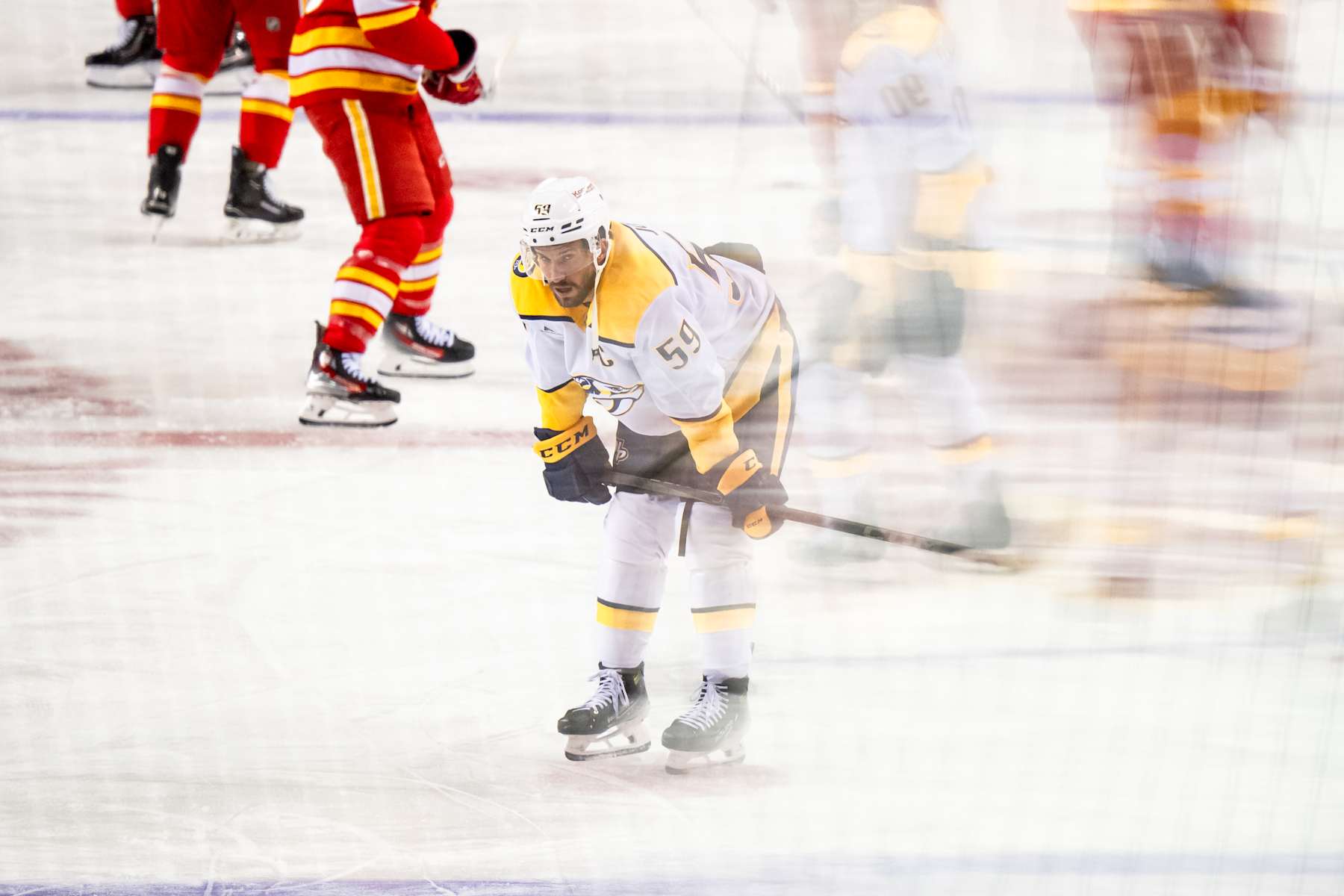 CALGARY, AB - NOVEMBER 15: Nashville Predators defenseman Roman Josi (59) warms up before an NHL game between the Calgary Flames and the Nashville Predators on November 15, 2024, at the Scotiabank Saddledome in Calgary, AB. (Photo by Brett Holmes/Icon Sportswire via Getty Images)
