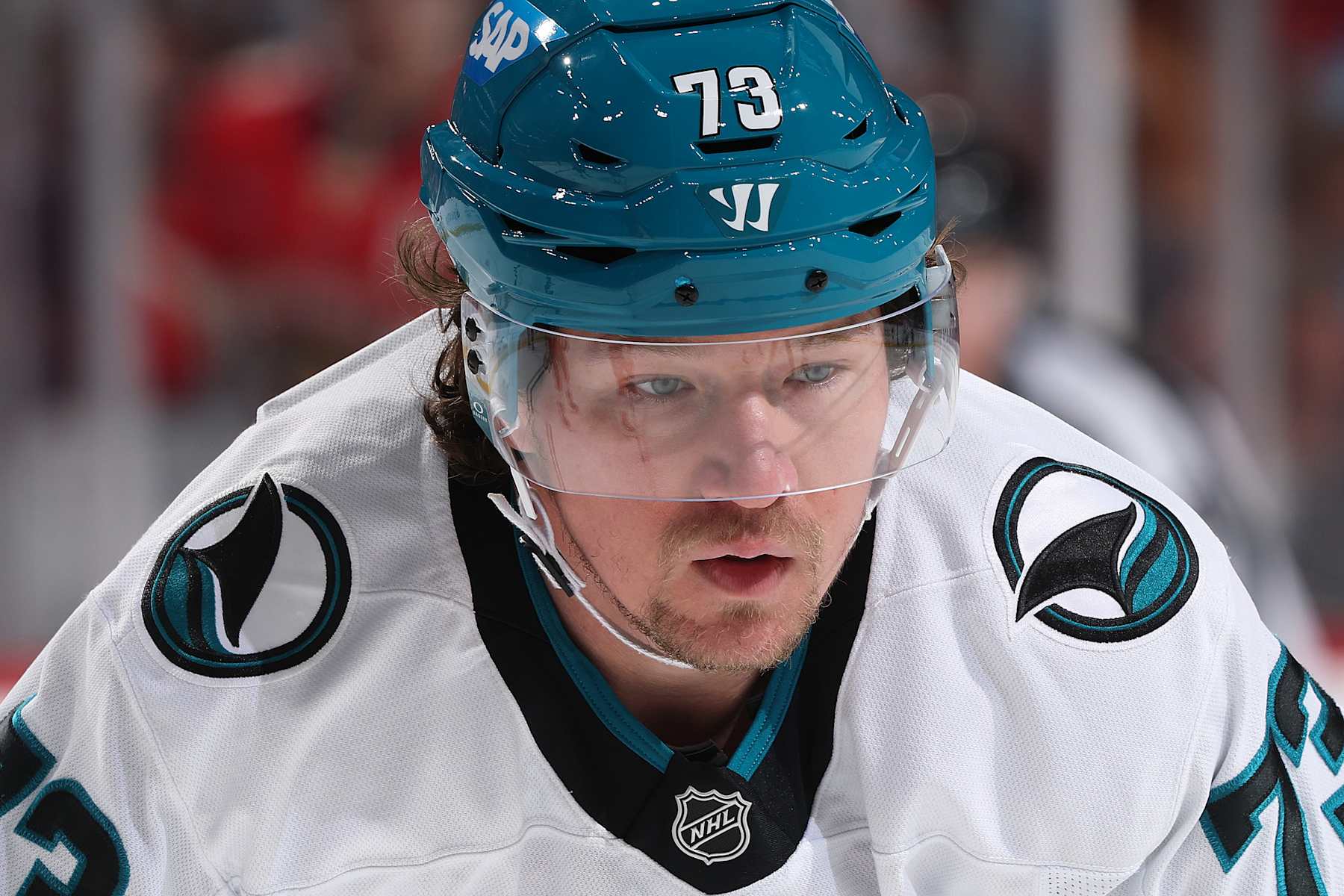 SUNRISE, FL - DECEMBER 7: Tyler Toffoli #73 of the San Jose Sharks prepares for a face-off against the Florida Panthers at the Amerant Bank Arena on December 7, 2024 in Sunrise, Florida. (Photo by Joel Auerbach/Getty Images)